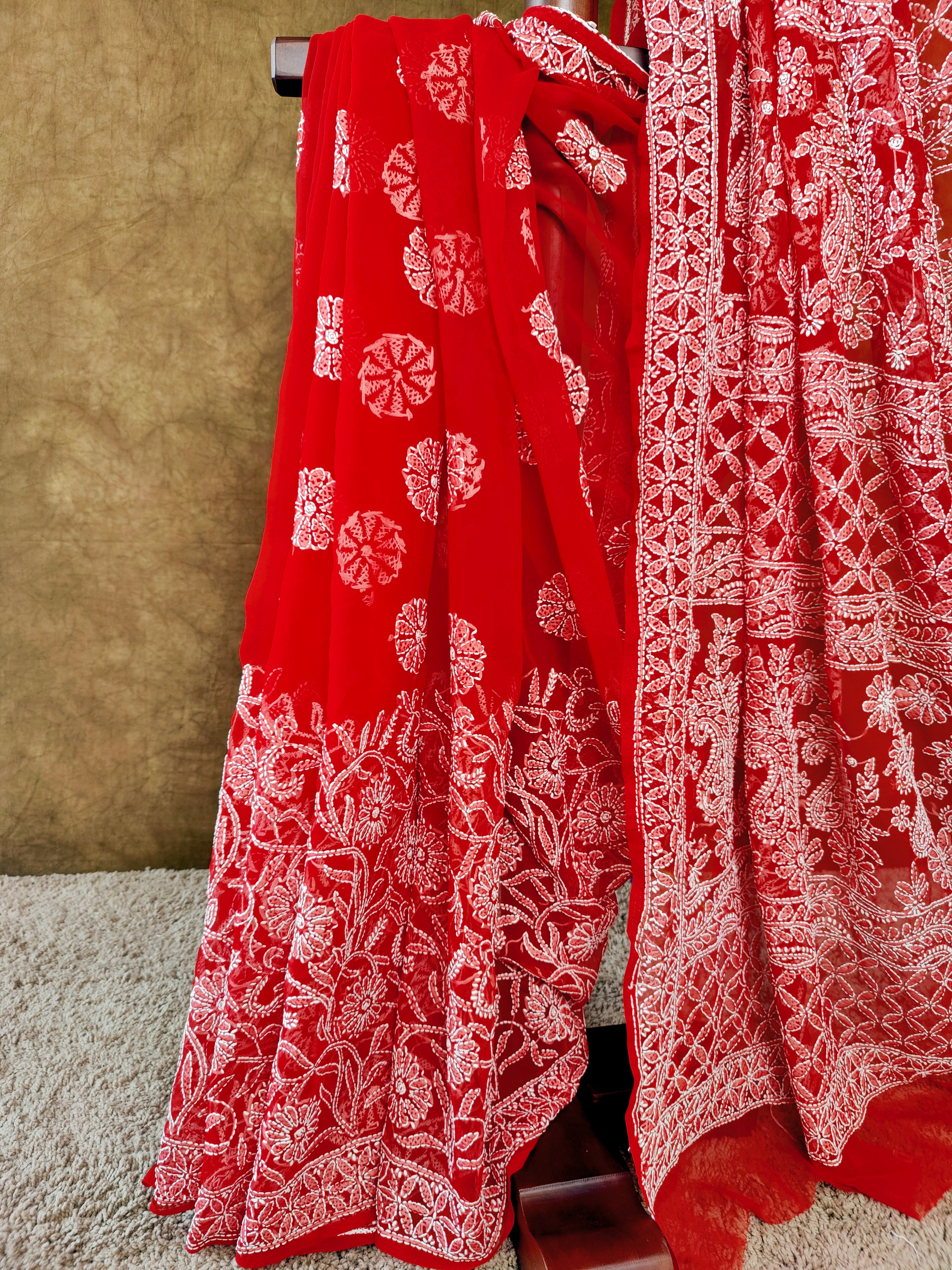 Elegant Red Chiffon Saree with White Thread Motifs – Perfect for Parties & Festivals