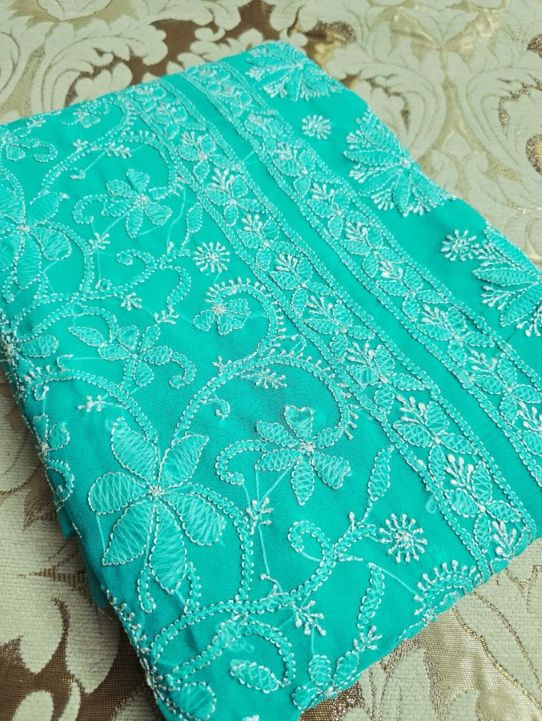 Handmade Sea Green Chikankari Resham Threadwork Saree