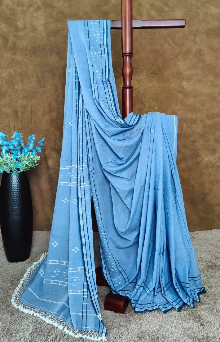 Sky blue cotton Jamdani saree with navy blue border