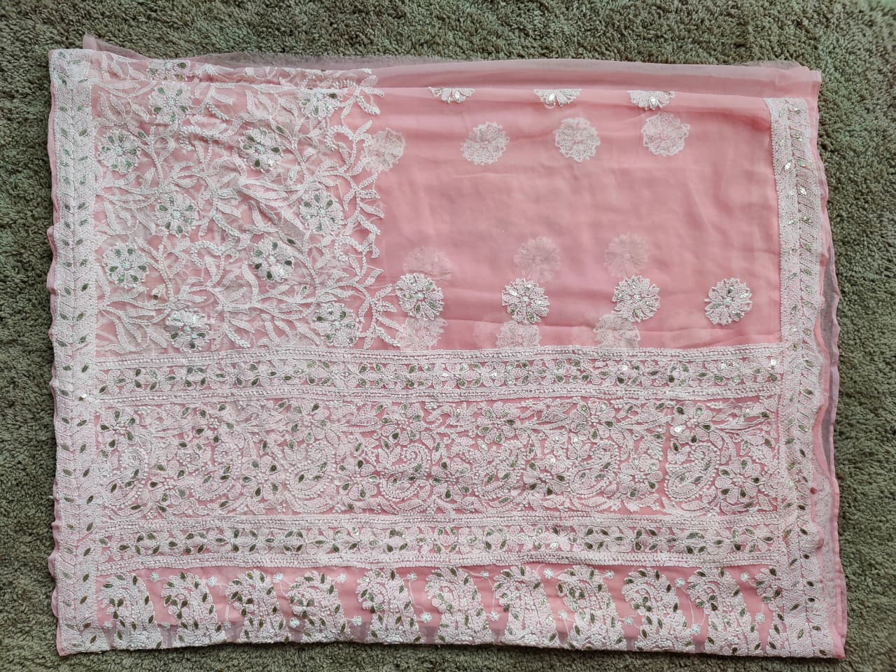 Baby Pink Chiffon Half Jaal Chikankari Saree with Gota-Patti work