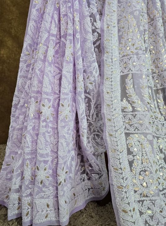 Lavender Chikankari Chiffon Saree with Gota Patti work