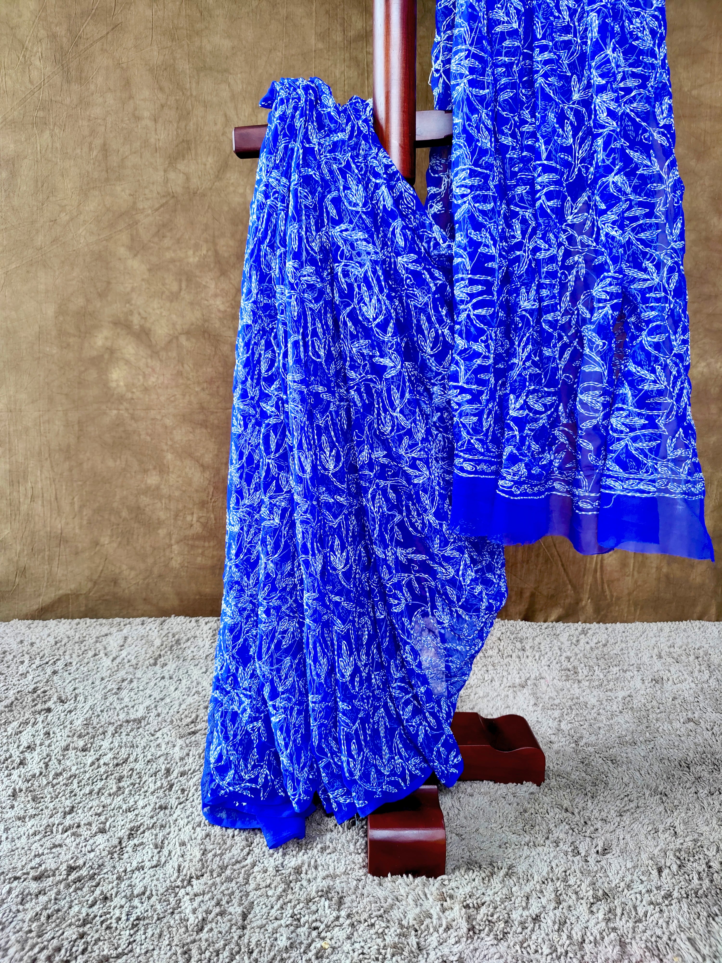 Dark Blue Chiffon Tepchi Chikankari Saree