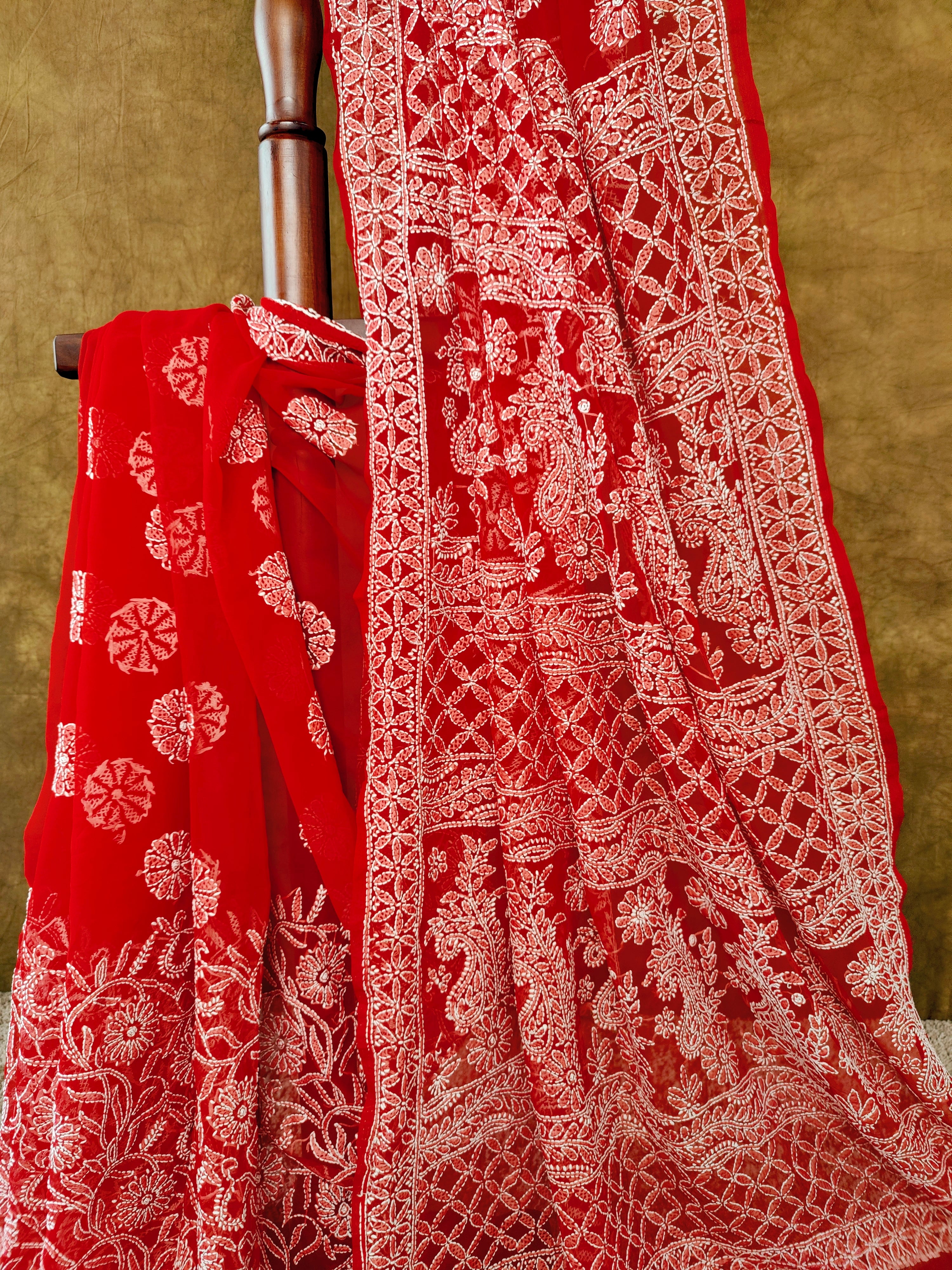 Elegant Red Chiffon Saree with White Thread Motifs – Perfect for Parties & Festivals