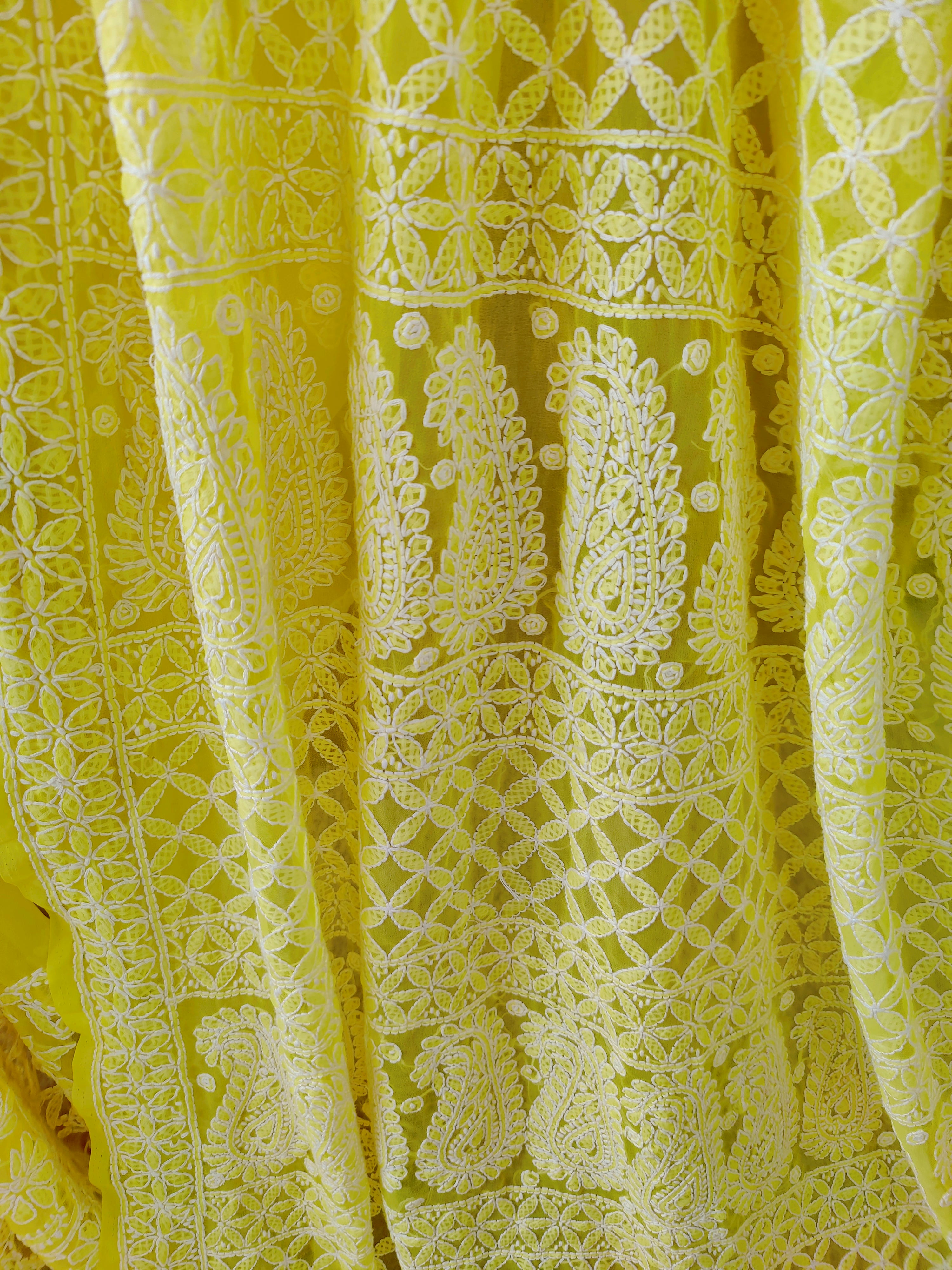 Yellow Chiffon Lucknowi Chikankari Saree with White Thread Work