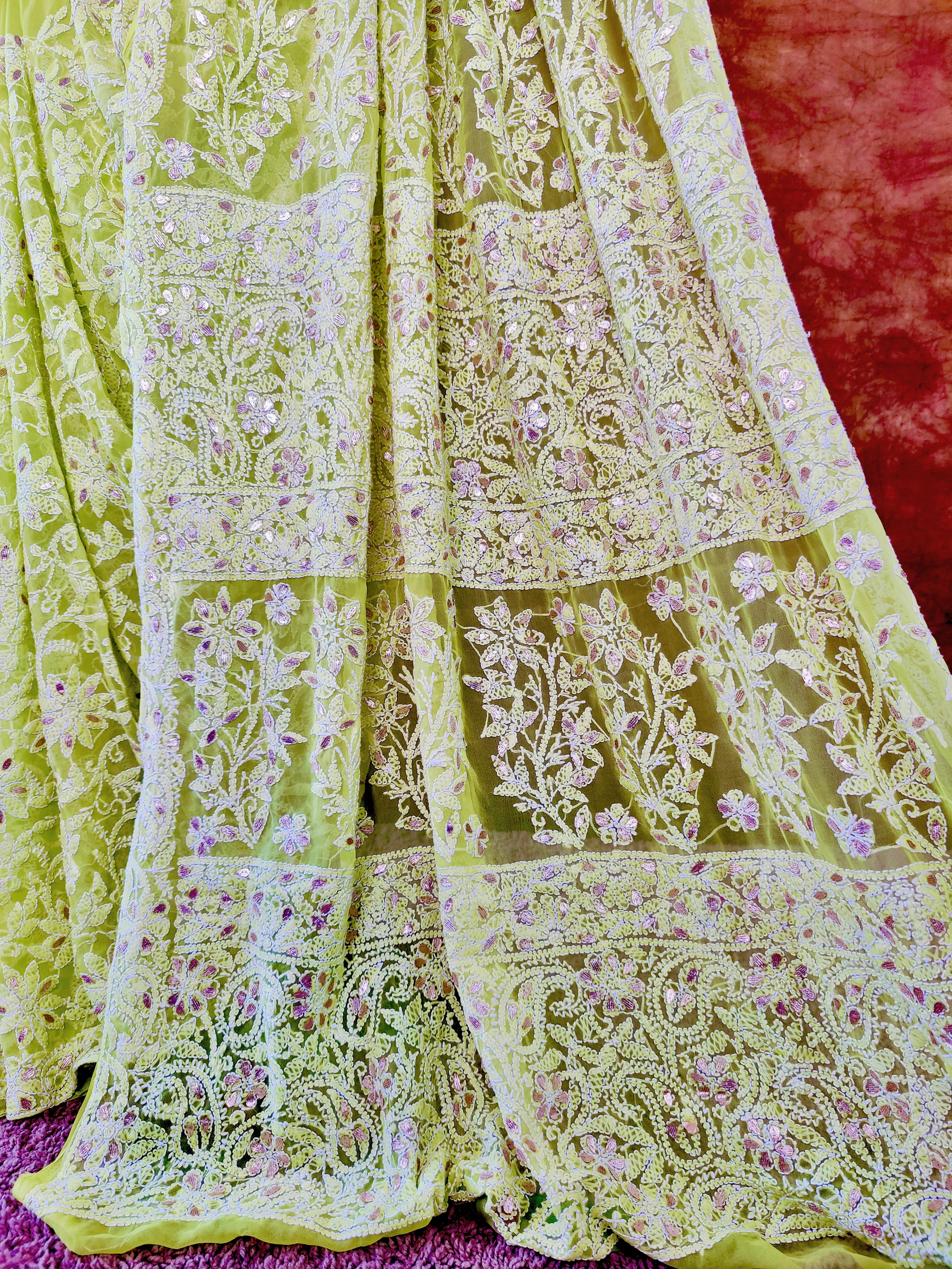 Pastel Green Chiffon Lucknowi Chikankari Saree with Full Jaal & Gota Patti Detailing