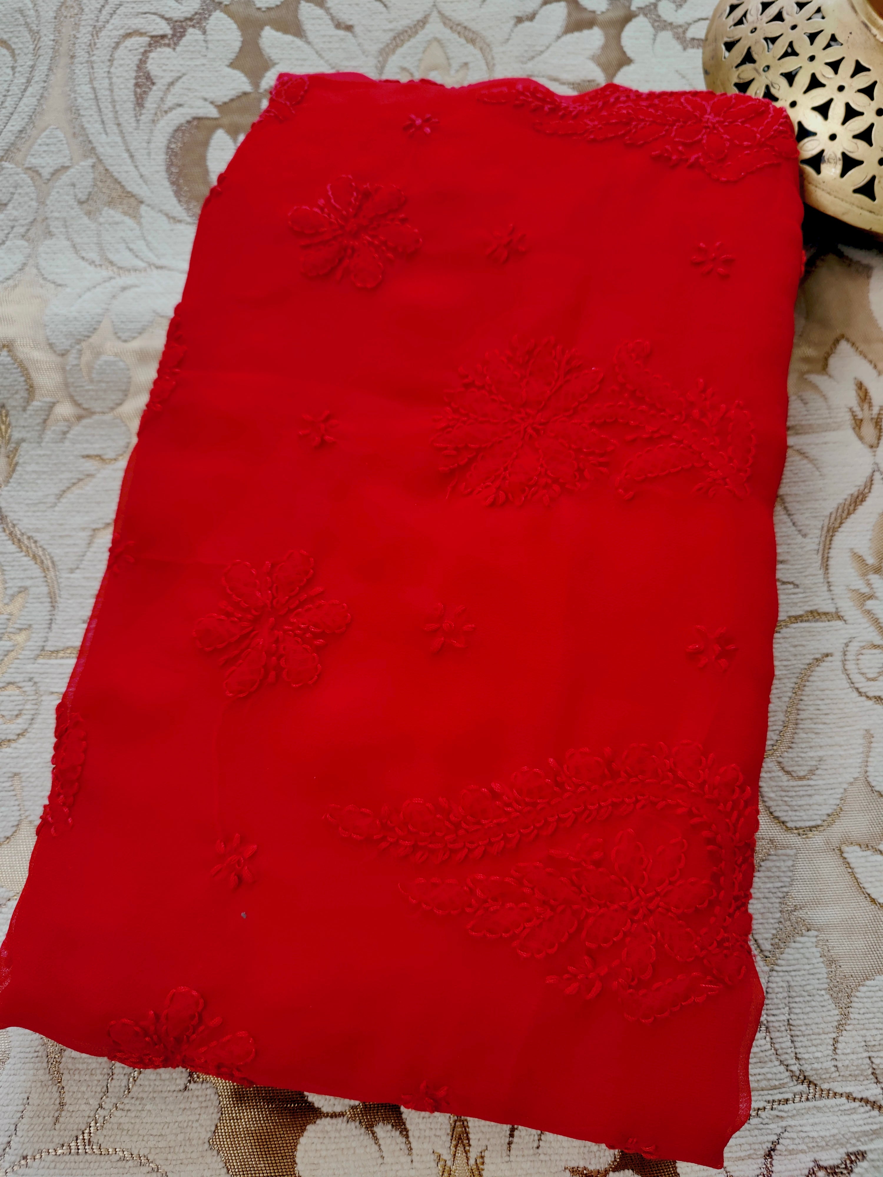 Red Chikankari Saree in Breezy Chiffon - Festive Vibes