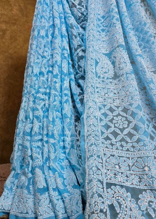 Skyfall Blue Handcrafted Lucknowi Chikankari Chiffon Saree