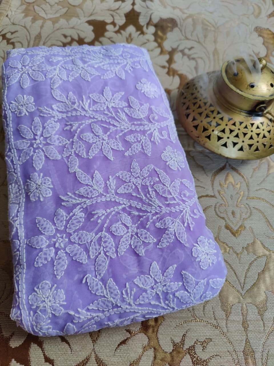 Lavender Chiffon Chikankari Saree with Full Jaal White Thread Work