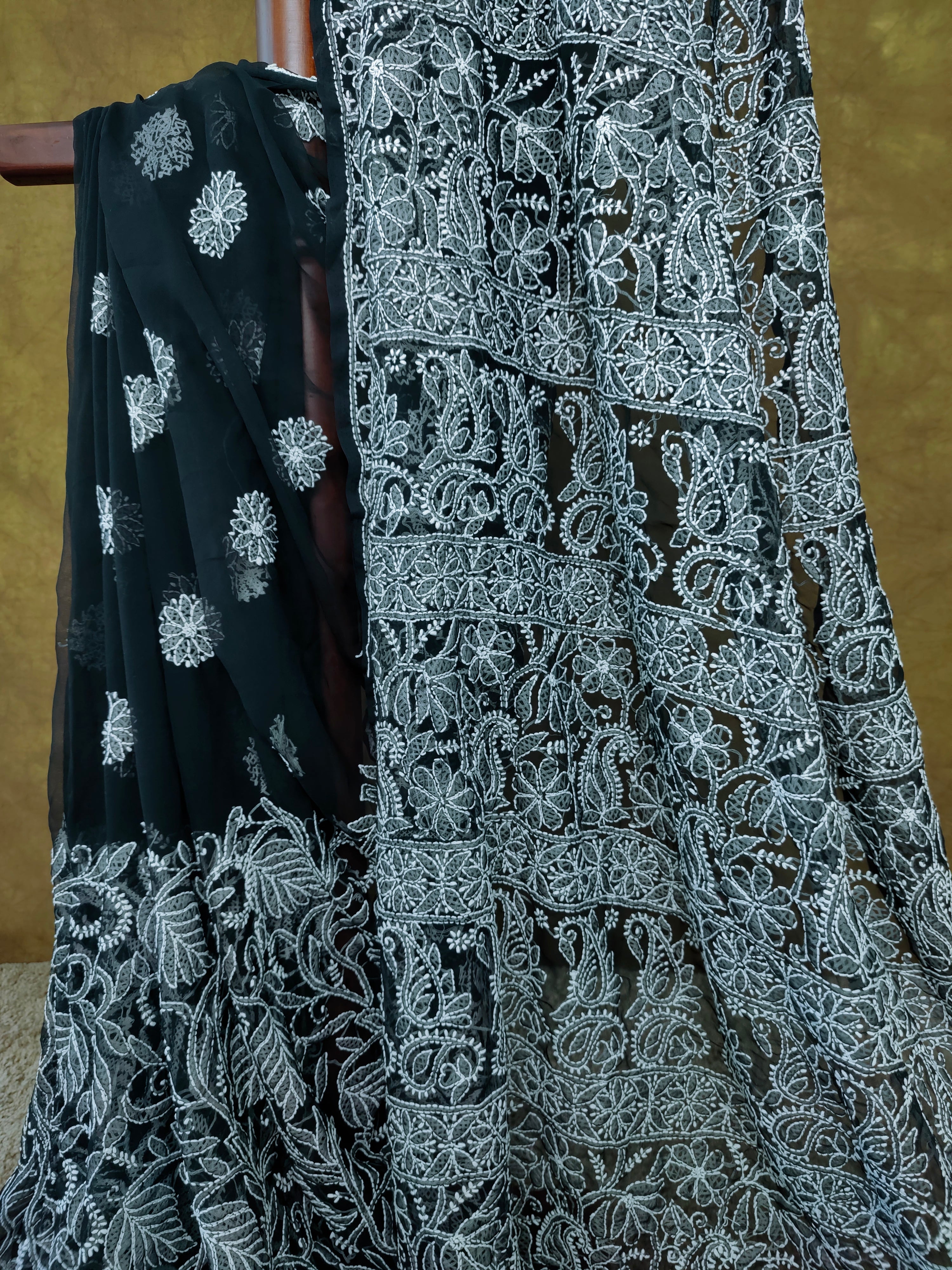 Black Chiffon Saree with White Chikankari Thread Work