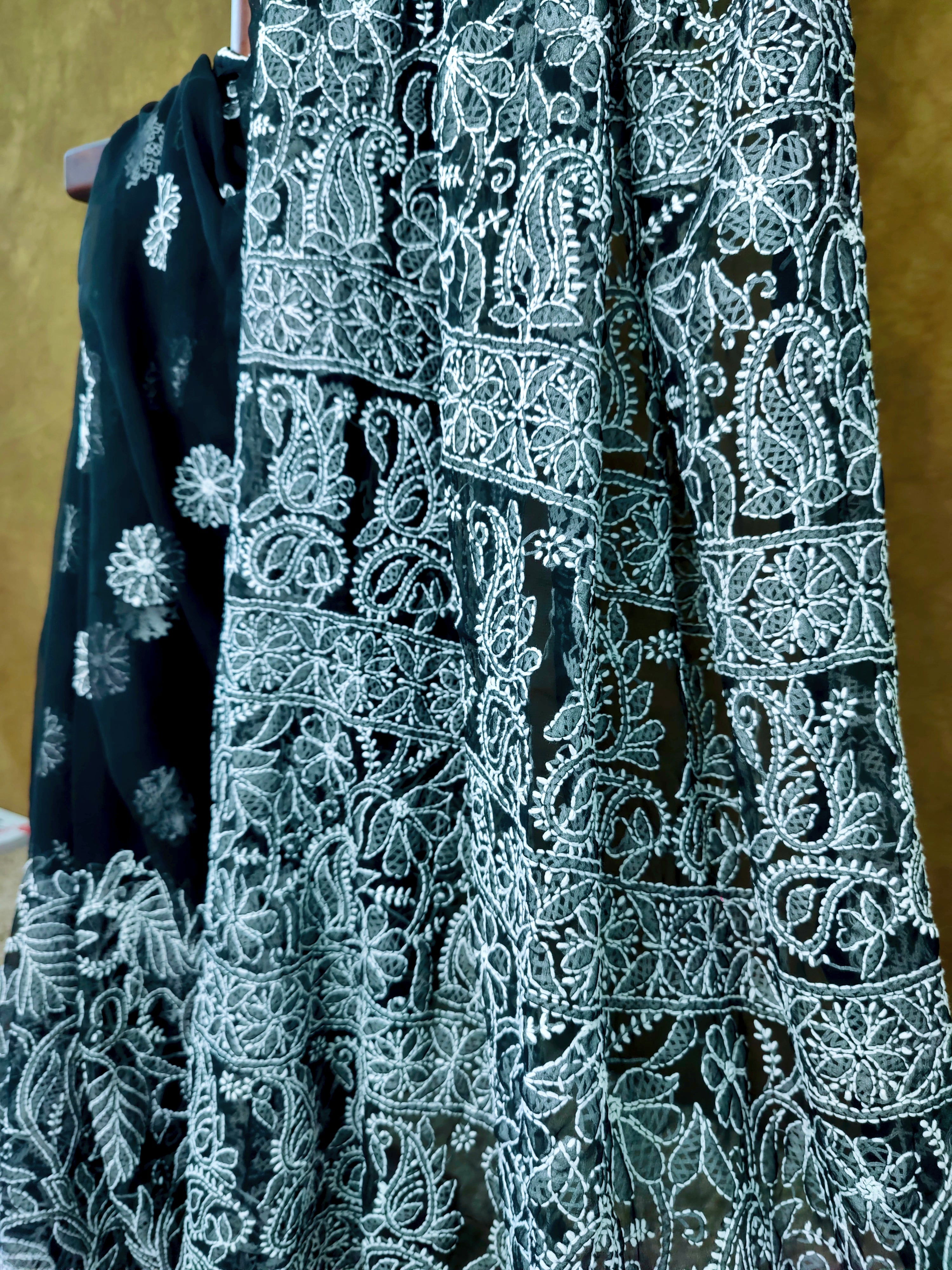 Black Chiffon Saree with White Chikankari Thread Work