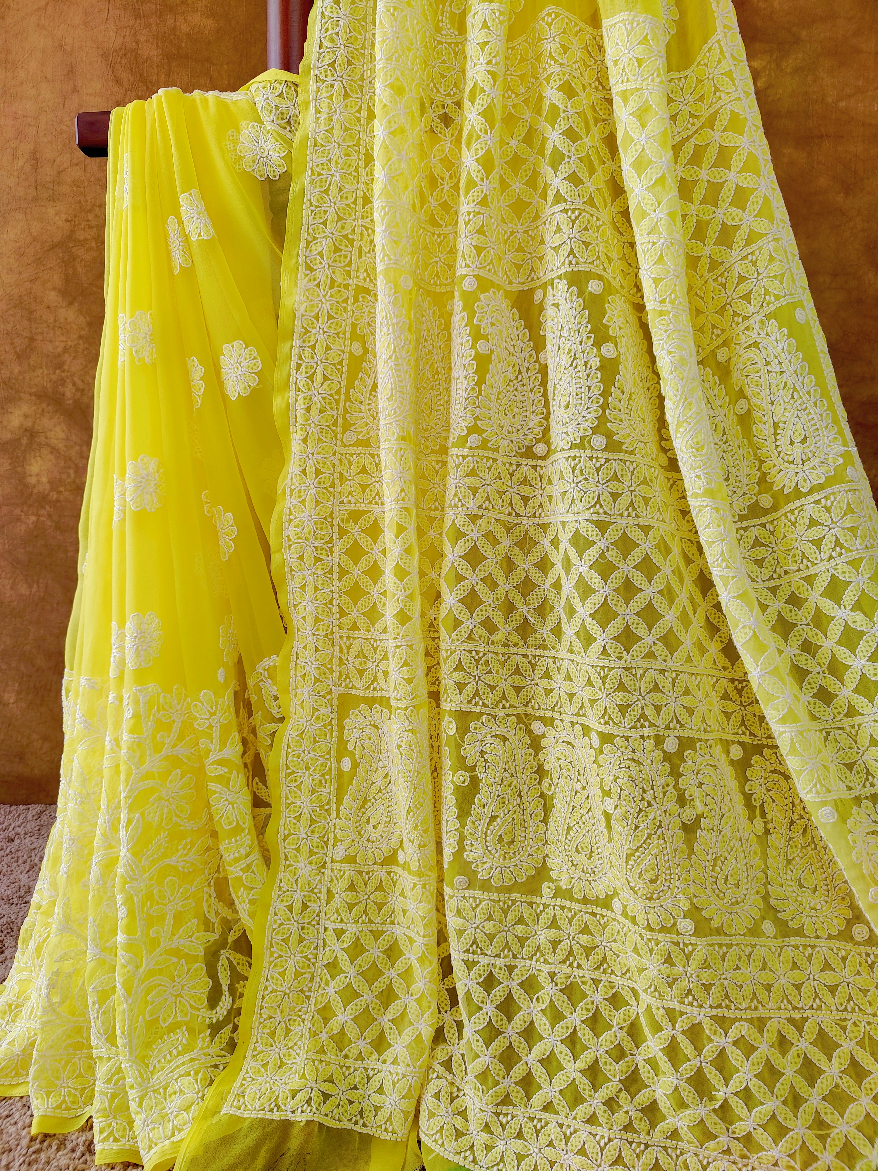 Yellow Chiffon Lucknowi Chikankari Saree with White Thread Work