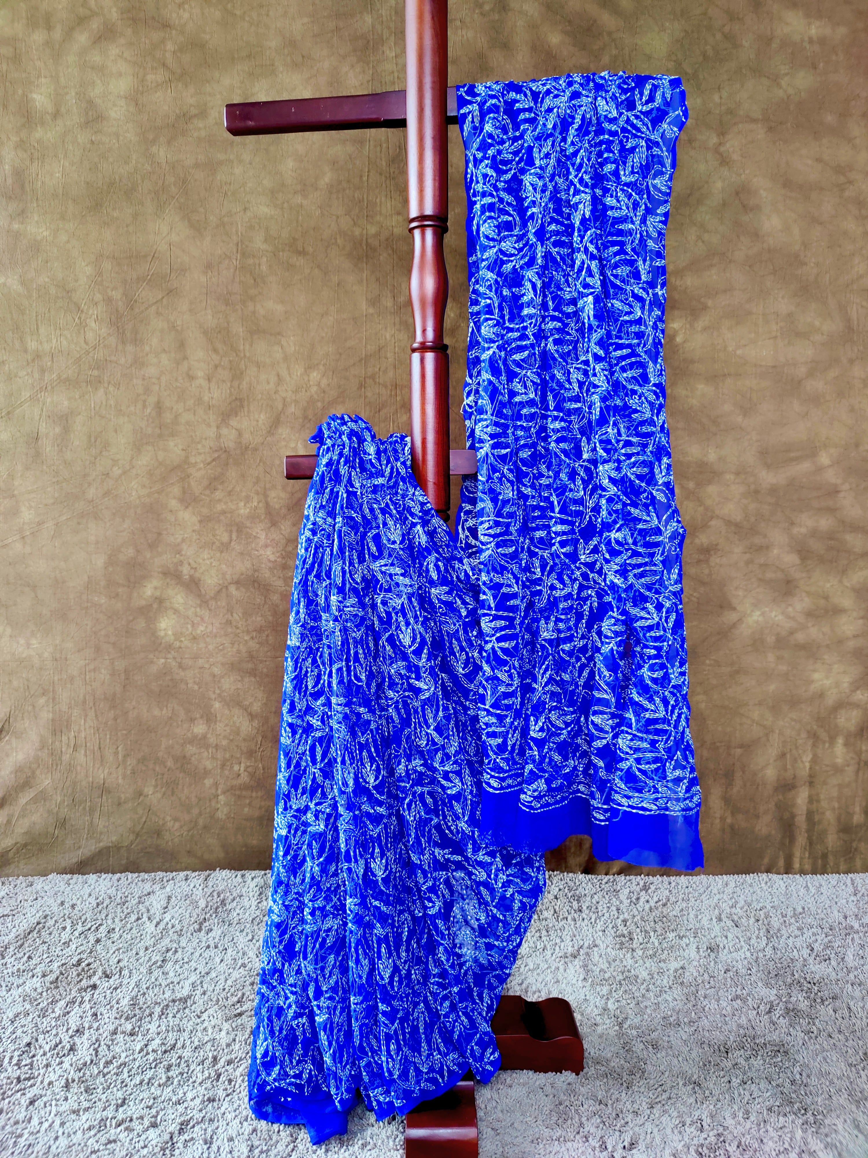 Dark Blue Chiffon Tepchi Chikankari Saree