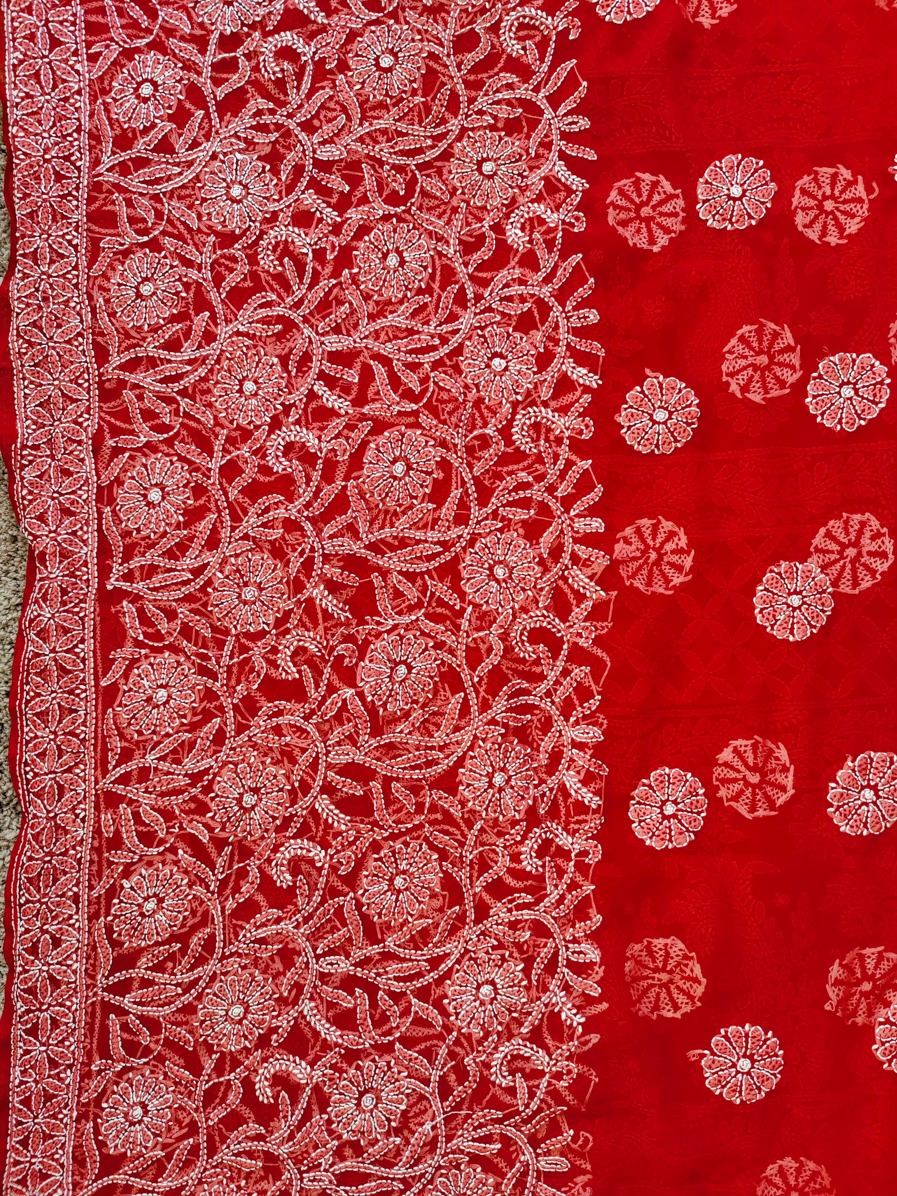 Elegant Red Chiffon Saree with White Thread Motifs – Perfect for Parties & Festivals