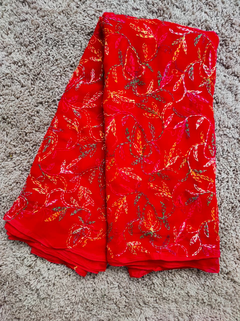 Red Chiffon Saree with Multi-colour Tepchi Chikankari