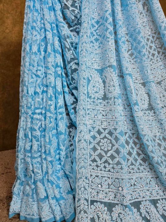 Skyfall Blue Handcrafted Lucknowi Chikankari Chiffon Saree