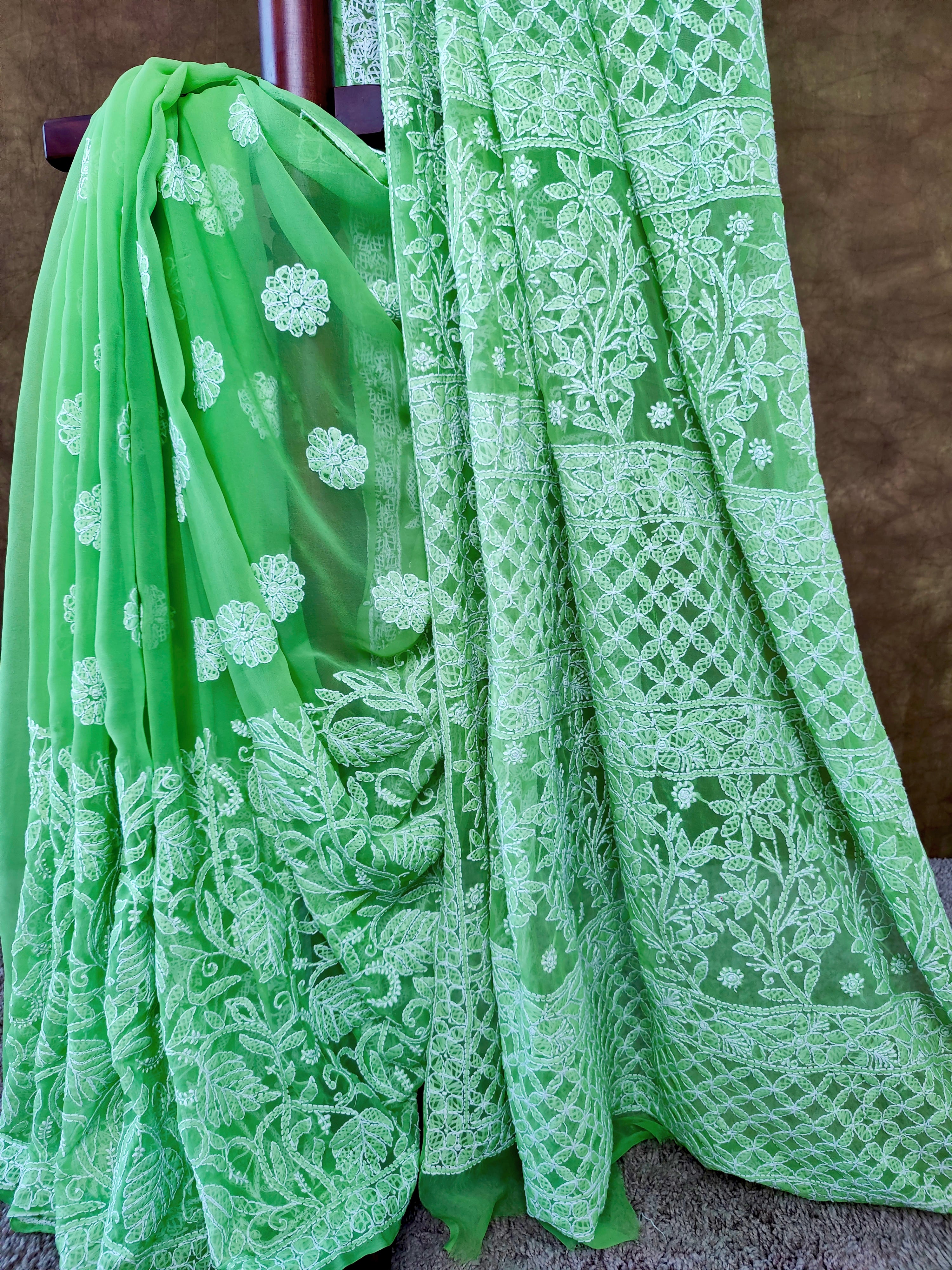 Light Green Chiffon Chikankari Saree