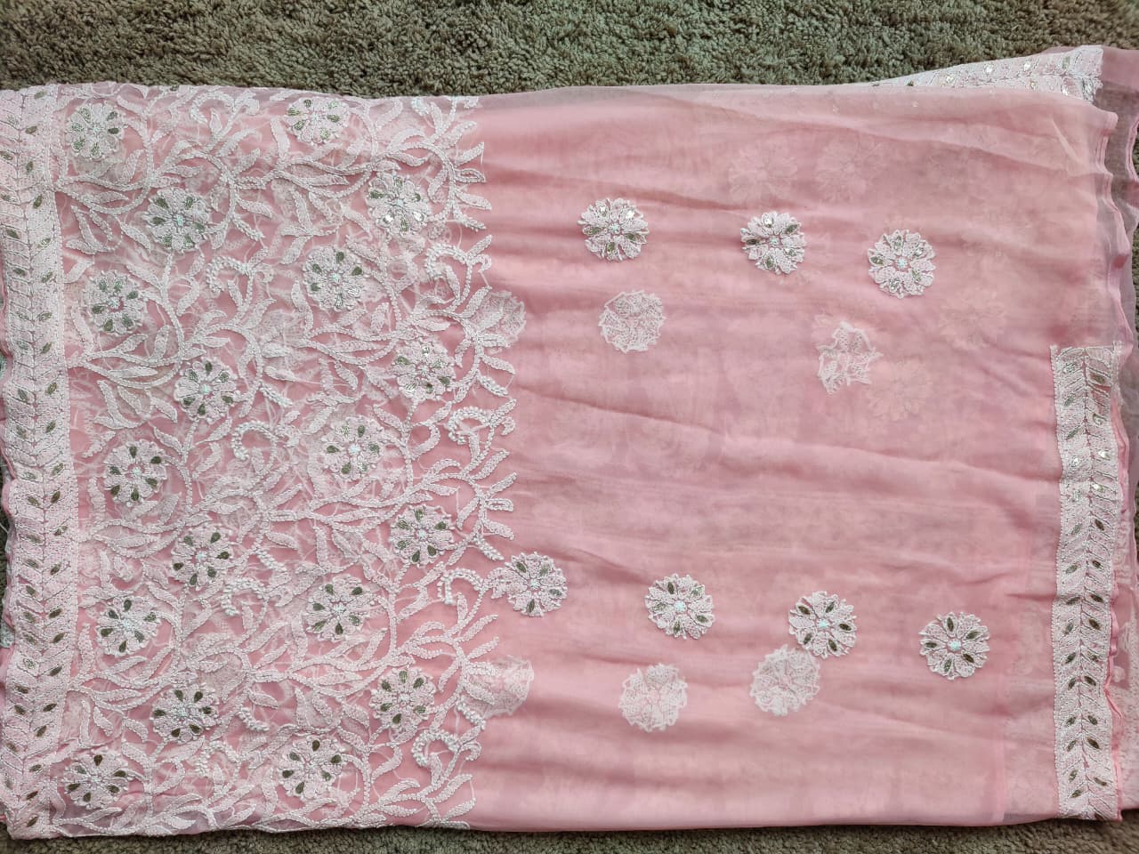 Baby Pink Chiffon Half Jaal Chikankari Saree with Gota-Patti work