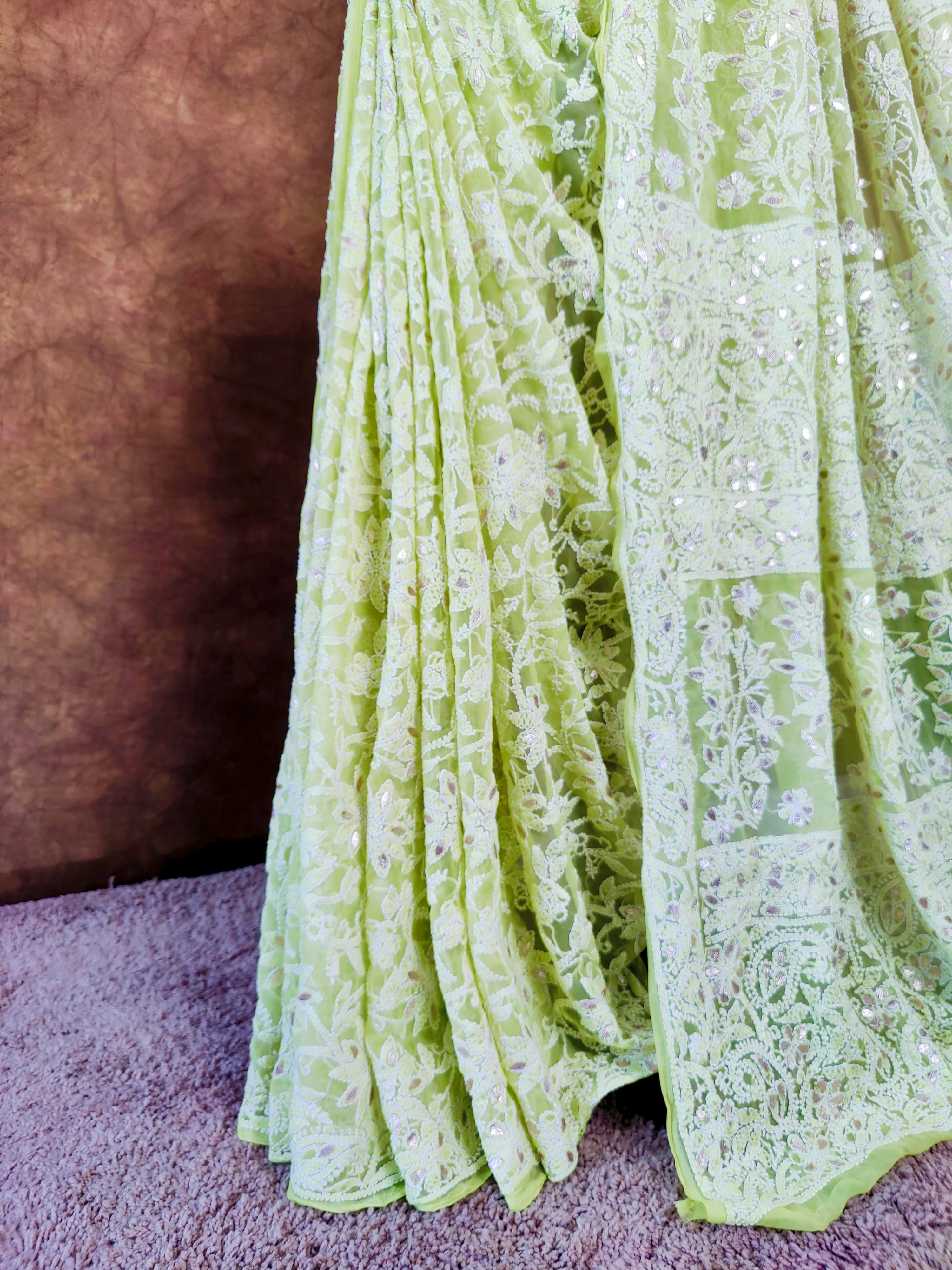 Pastel Green Chiffon Lucknowi Chikankari Saree with Full Jaal & Gota Patti Detailing