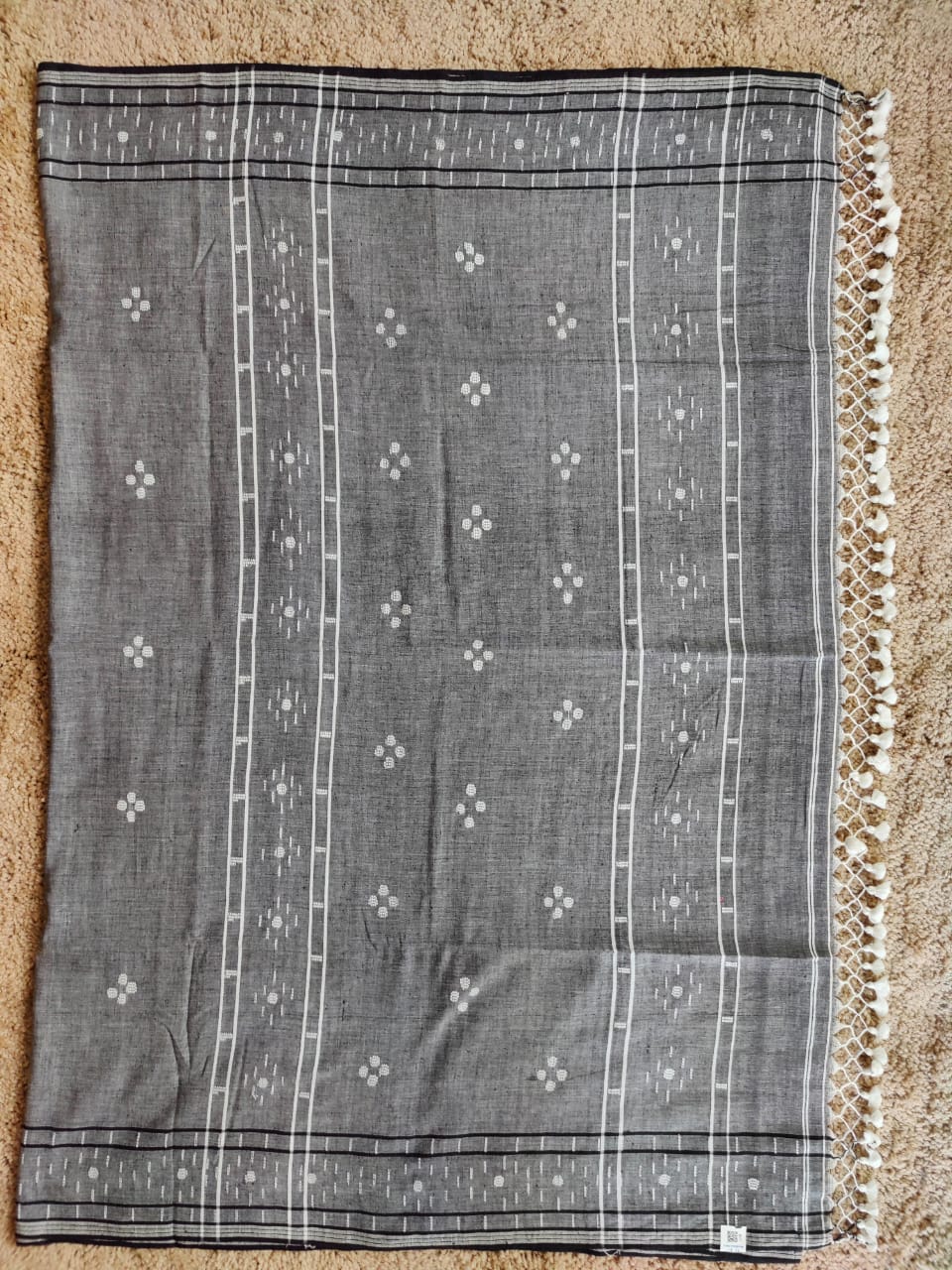 Grey cotton Jamdani saree with black border