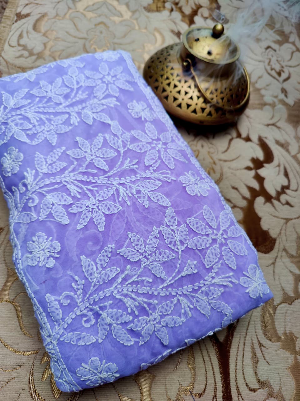 Lavender Chiffon Chikankari Saree with Full Jaal White Thread Work