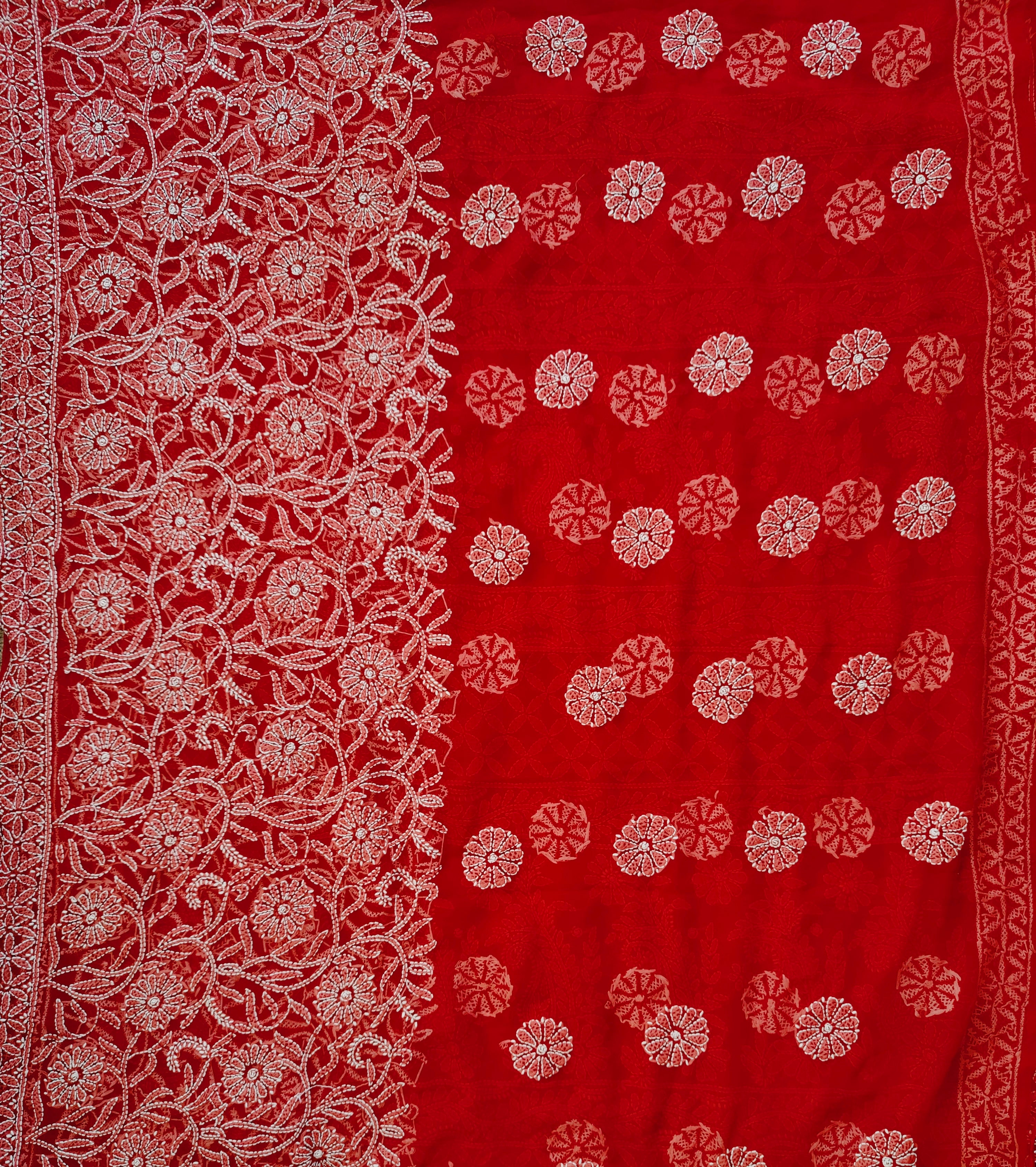 Elegant Red Chiffon Saree with White Thread Motifs – Perfect for Parties & Festivals