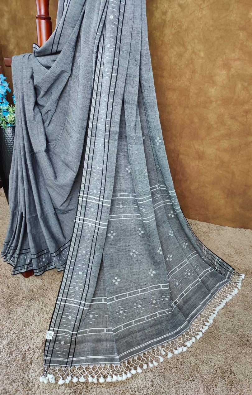 Grey cotton Jamdani saree with black border