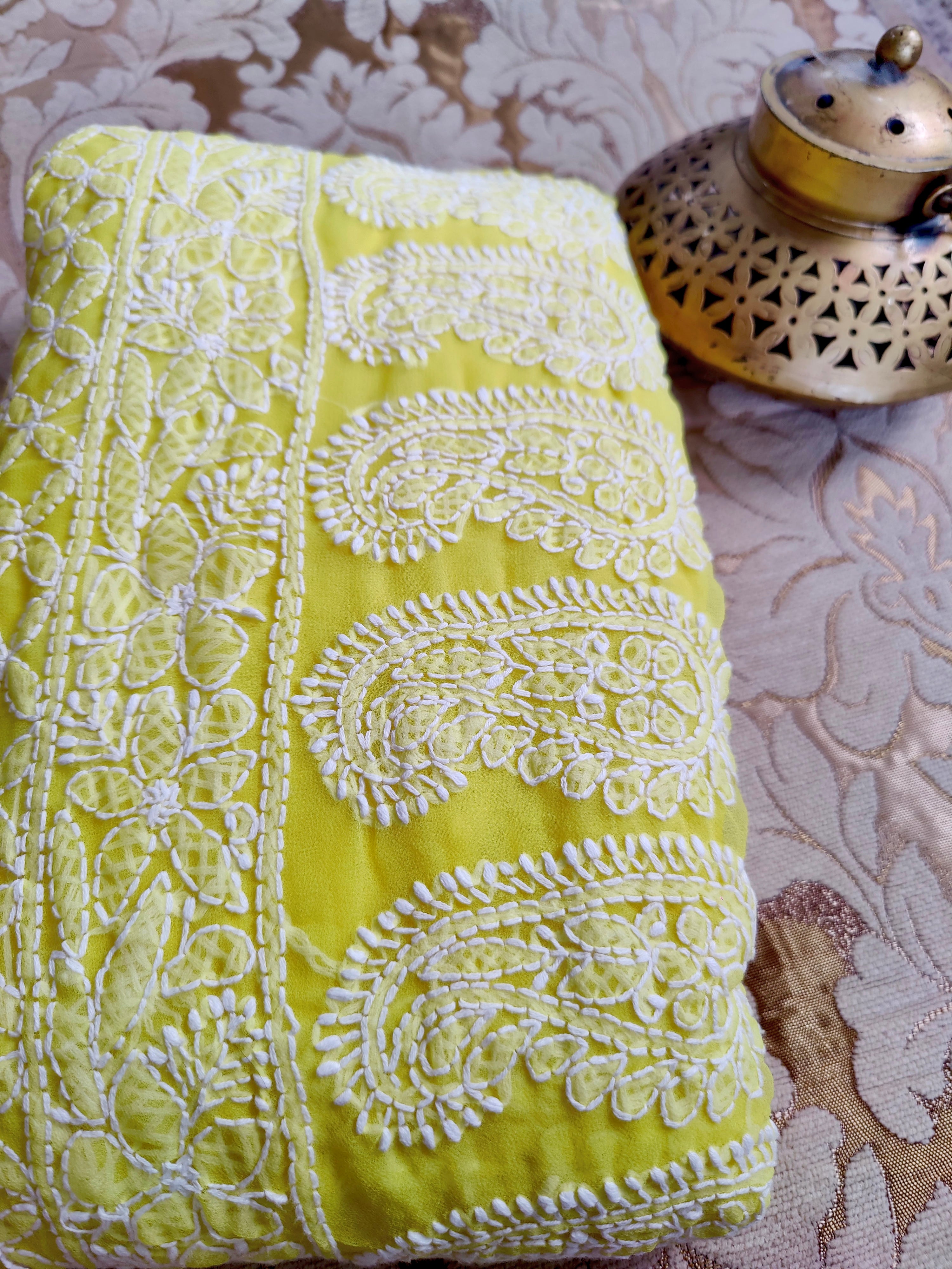 Yellow Chiffon Lucknowi Chikankari Saree with White Thread Work