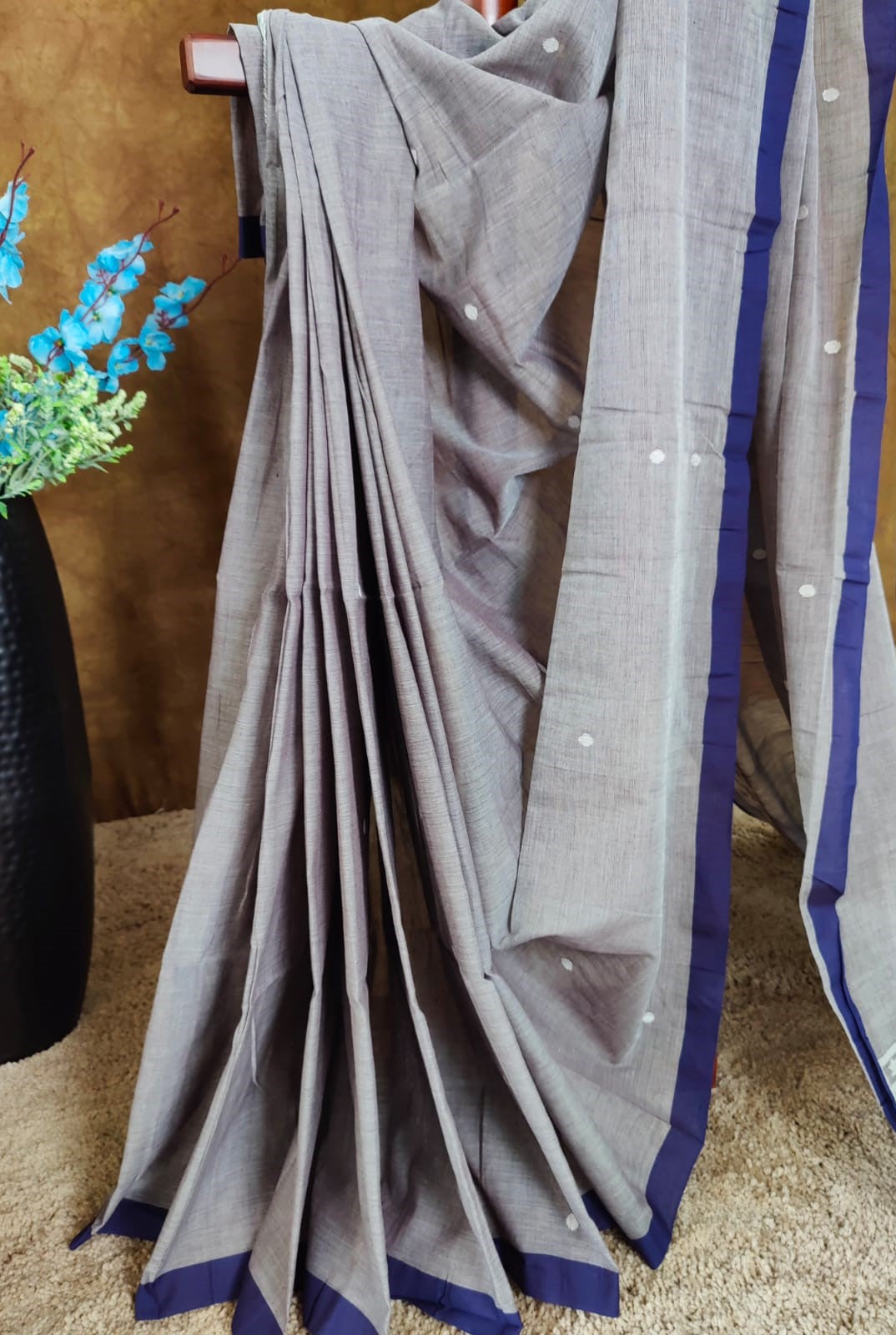 Grace in Grey: Handloom Cotton Saree with Blue Border & White Motifs