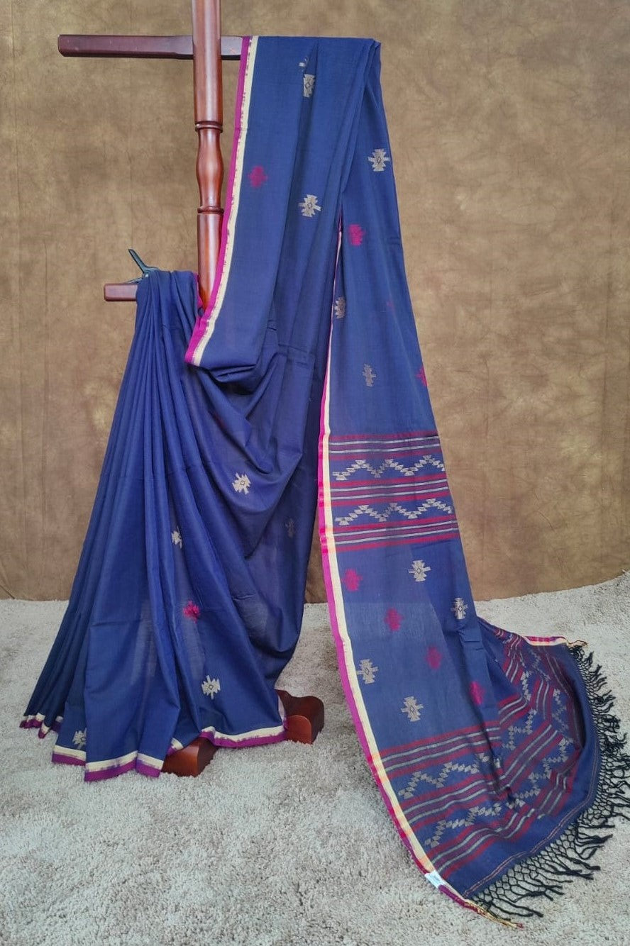 Blue cotton Jamdani saree with red and yellow motifs