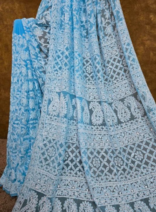 Skyfall Blue Handcrafted Lucknowi Chikankari Chiffon Saree