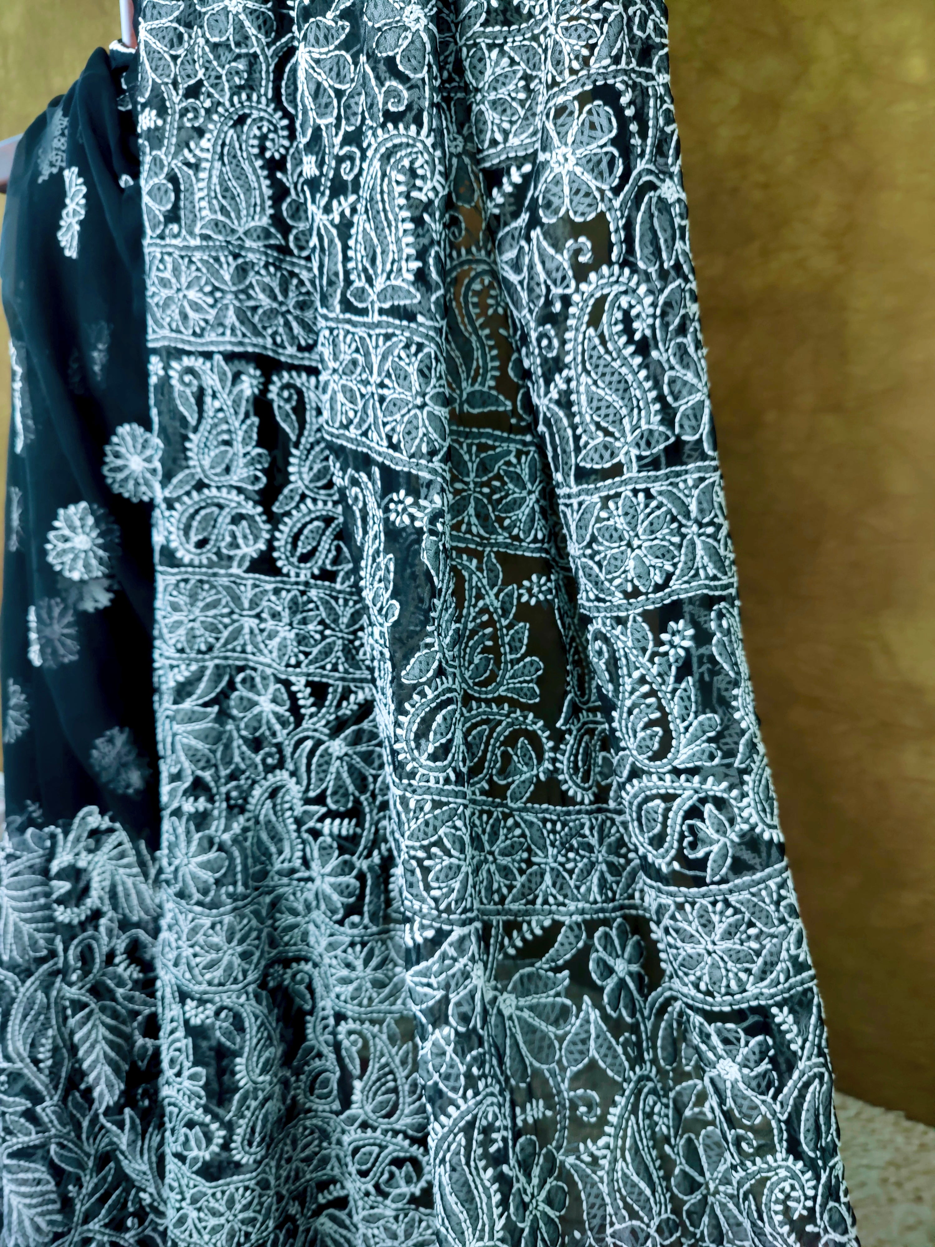 Black Chiffon Saree with White Chikankari Thread Work