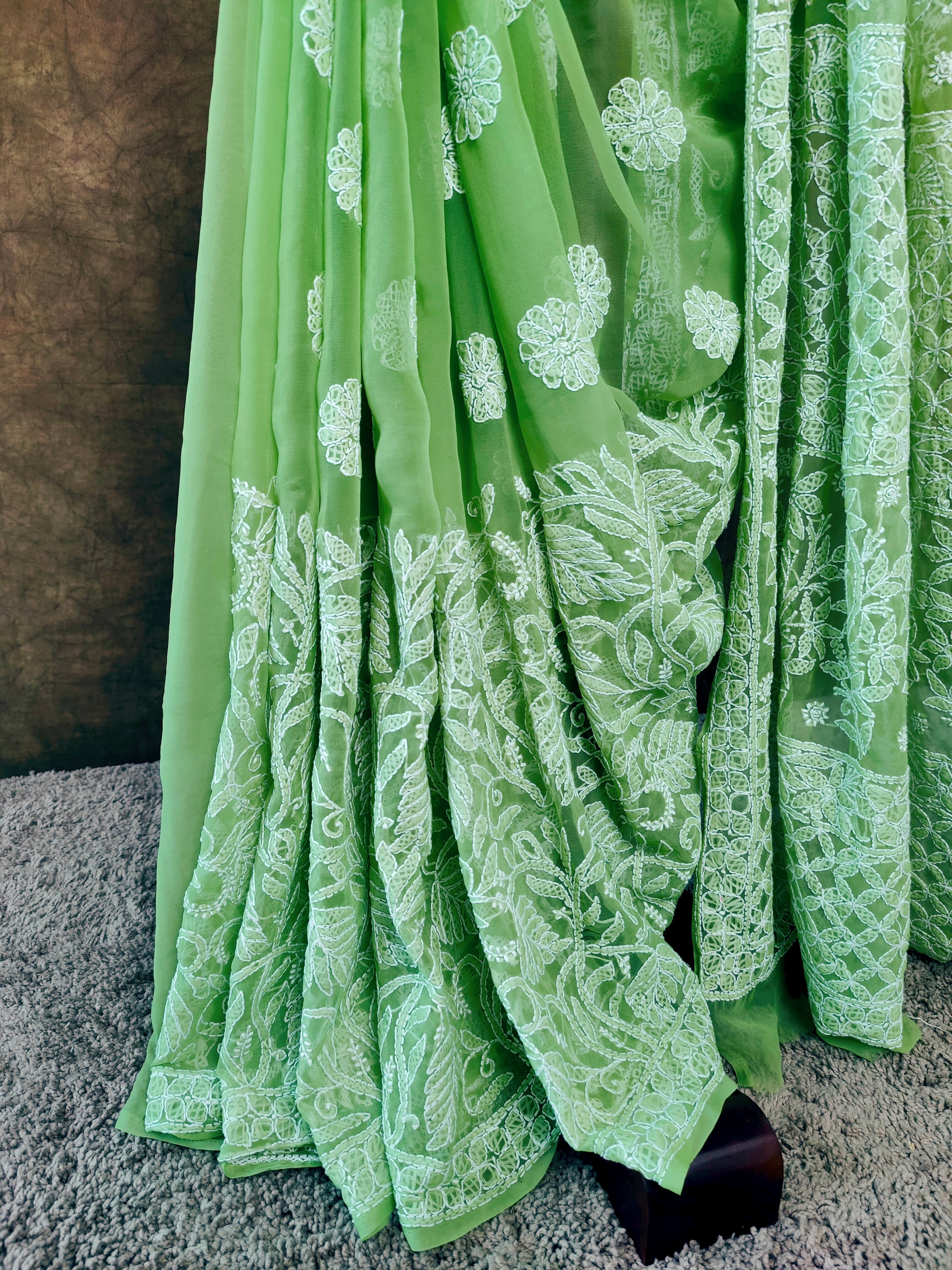 Light Green Chiffon Chikankari Saree