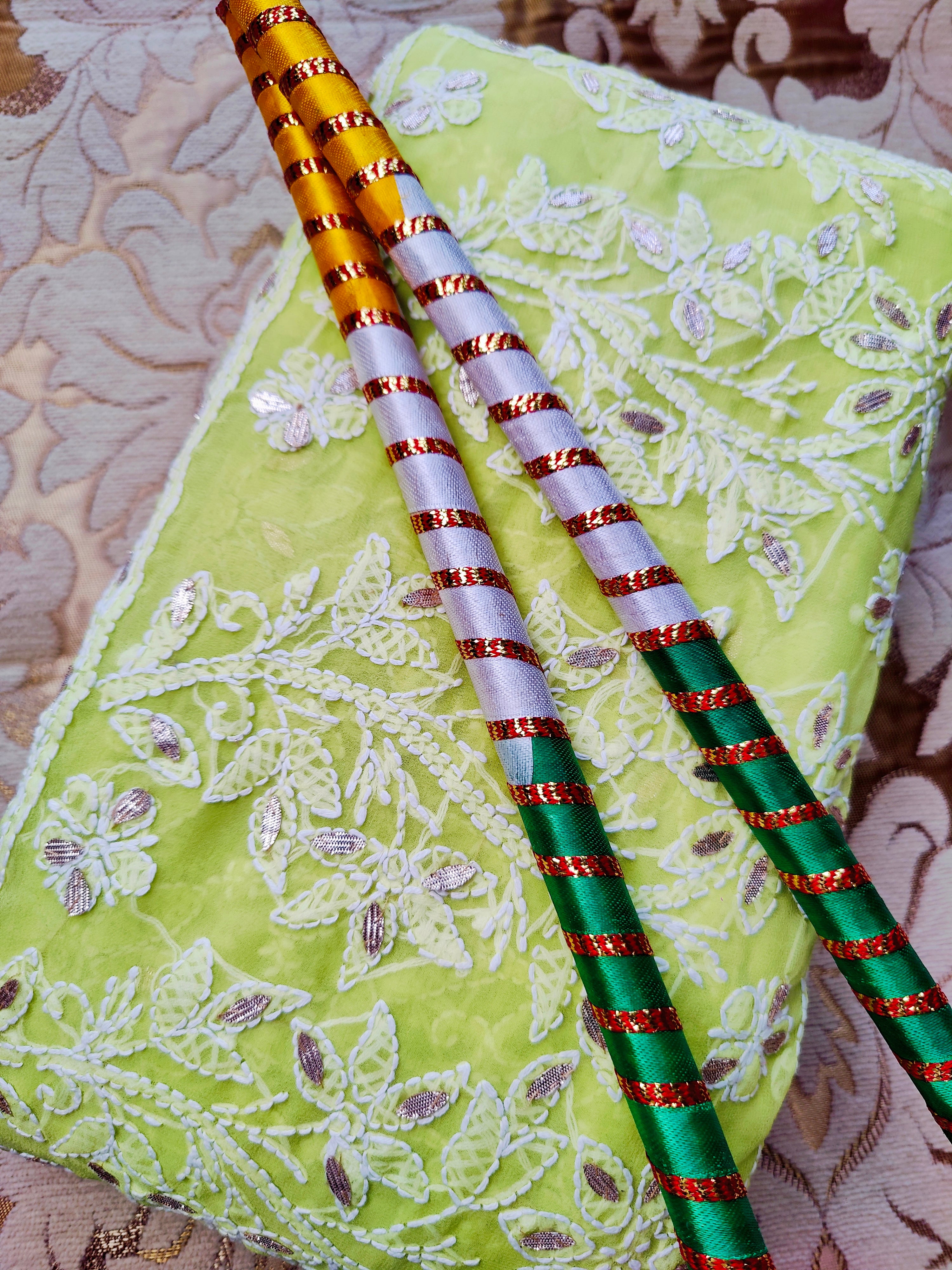 Pastel Green Chiffon Lucknowi Chikankari Saree with Full Jaal & Gota Patti Detailing