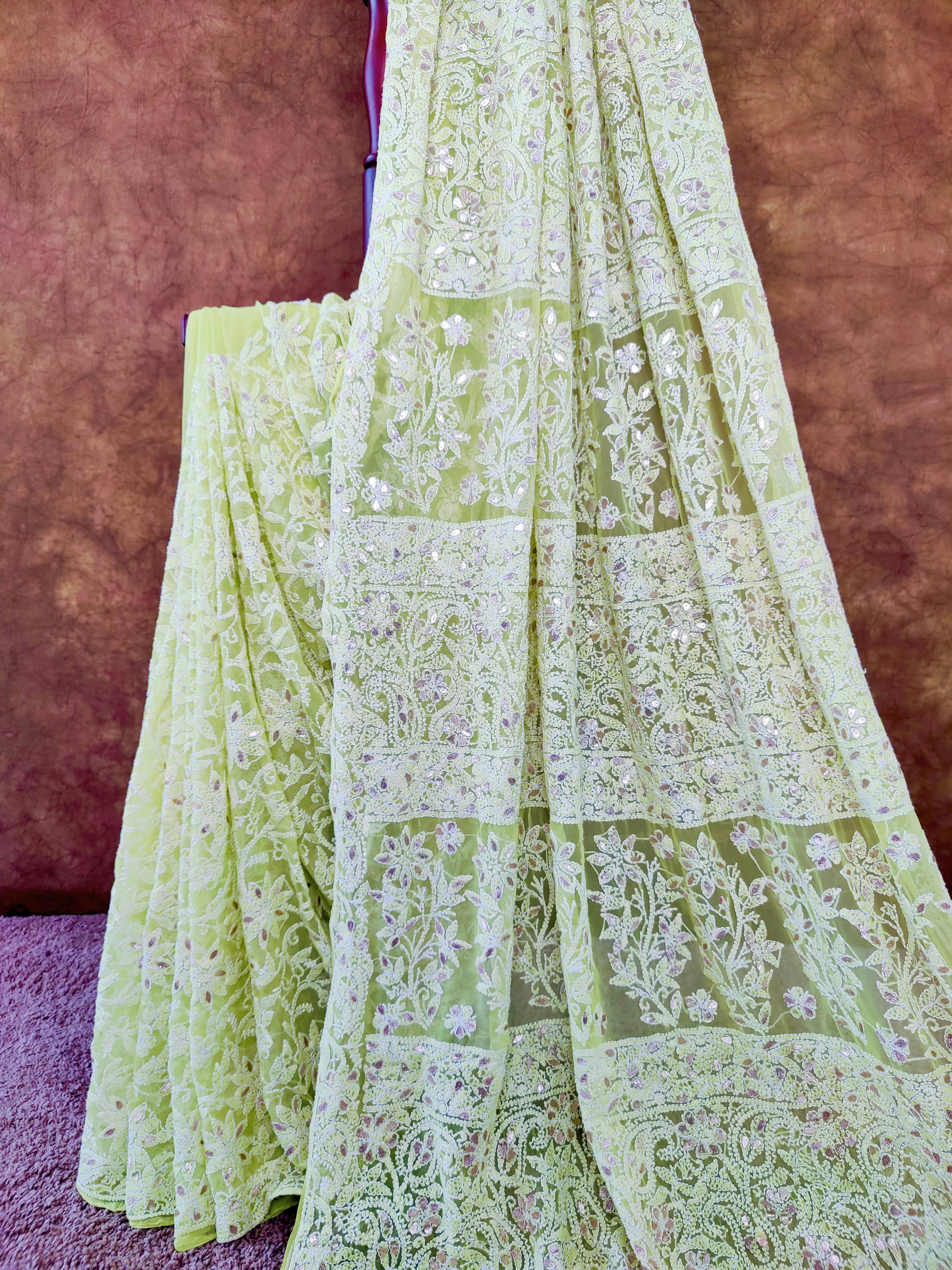 Pastel Green Chiffon Lucknowi Chikankari Saree with Full Jaal & Gota Patti Detailing