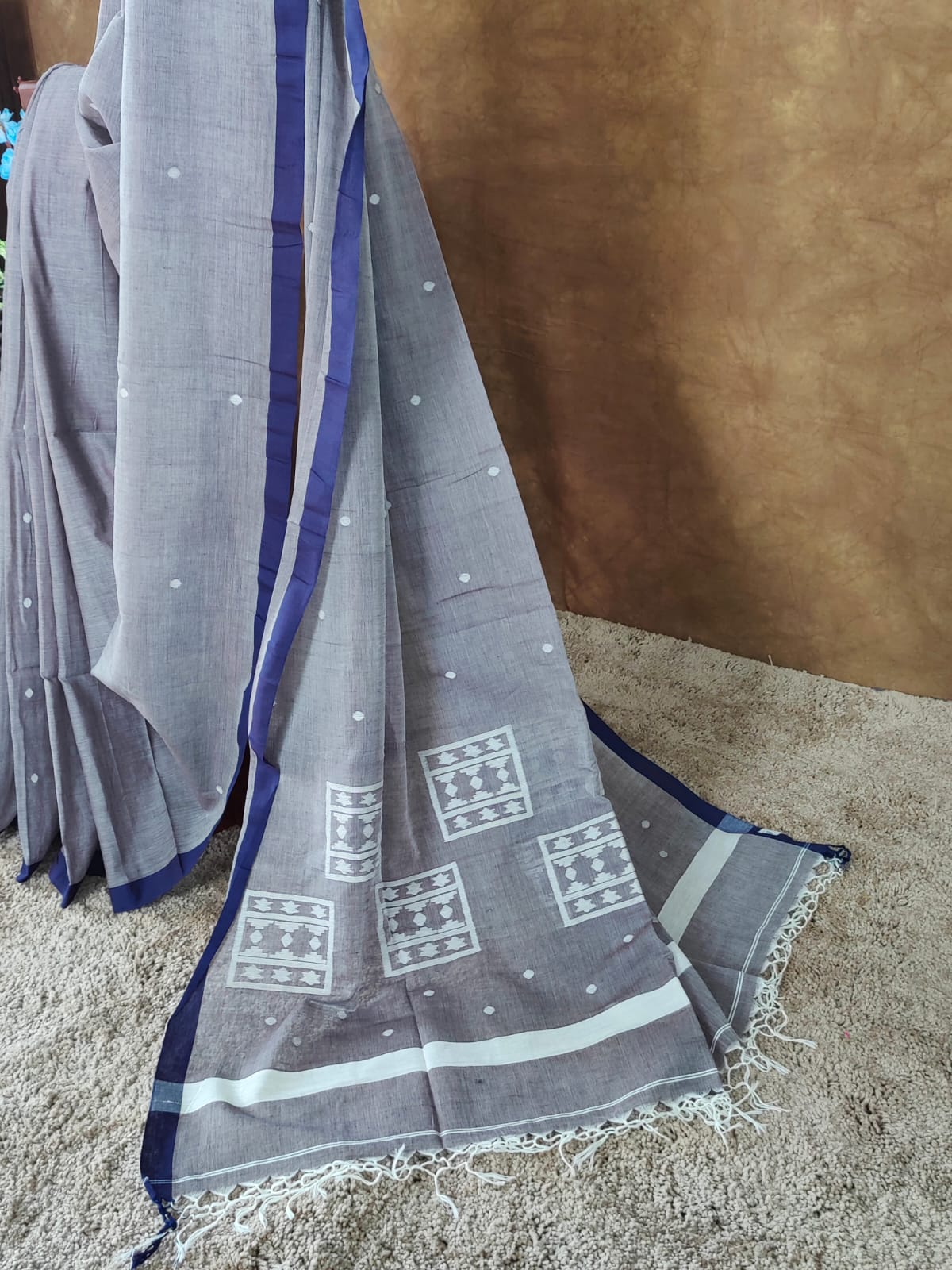 Grace in Grey: Handloom Cotton Saree with Blue Border & White Motifs