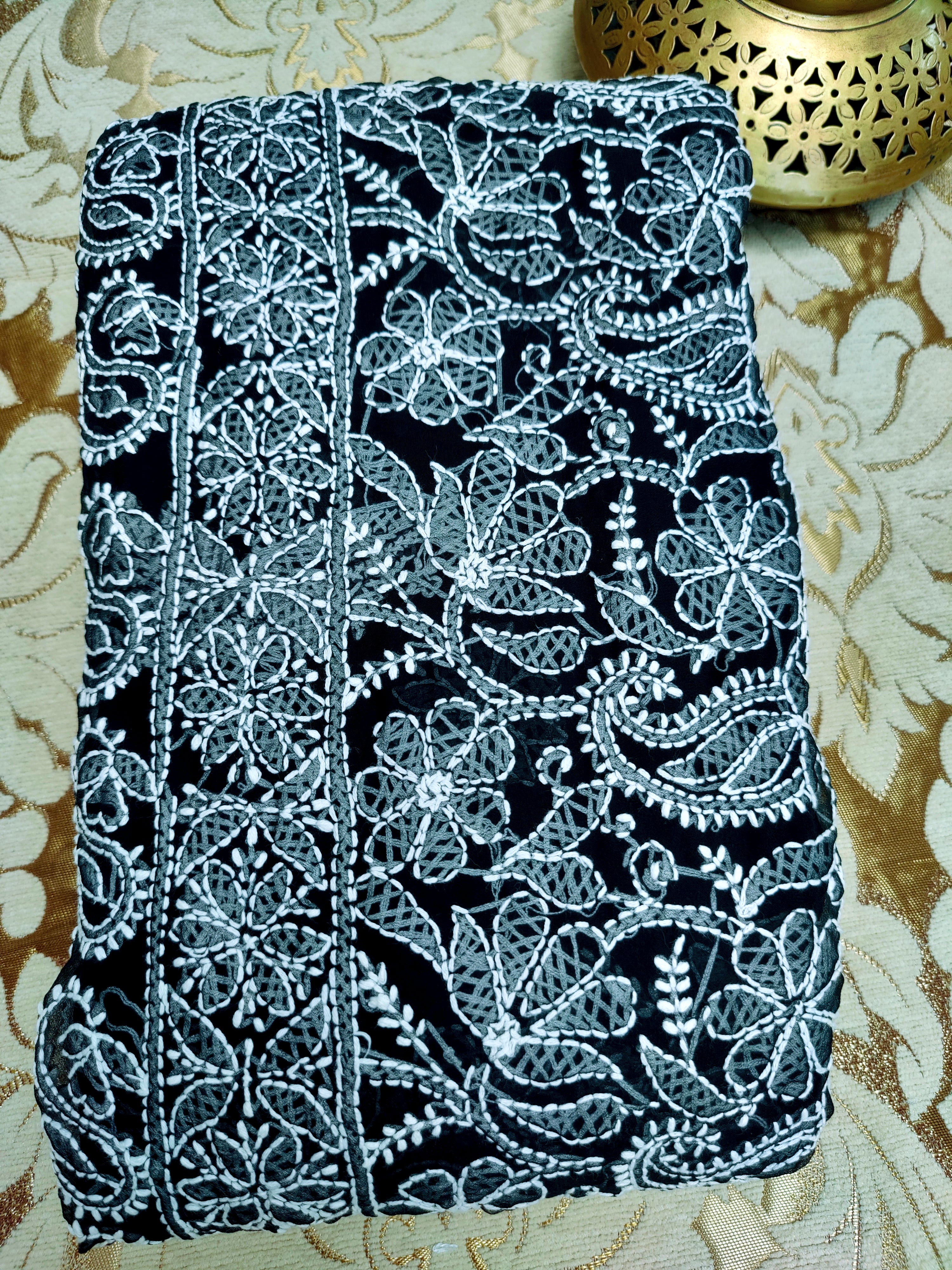Black Chiffon Saree with White Chikankari Thread Work