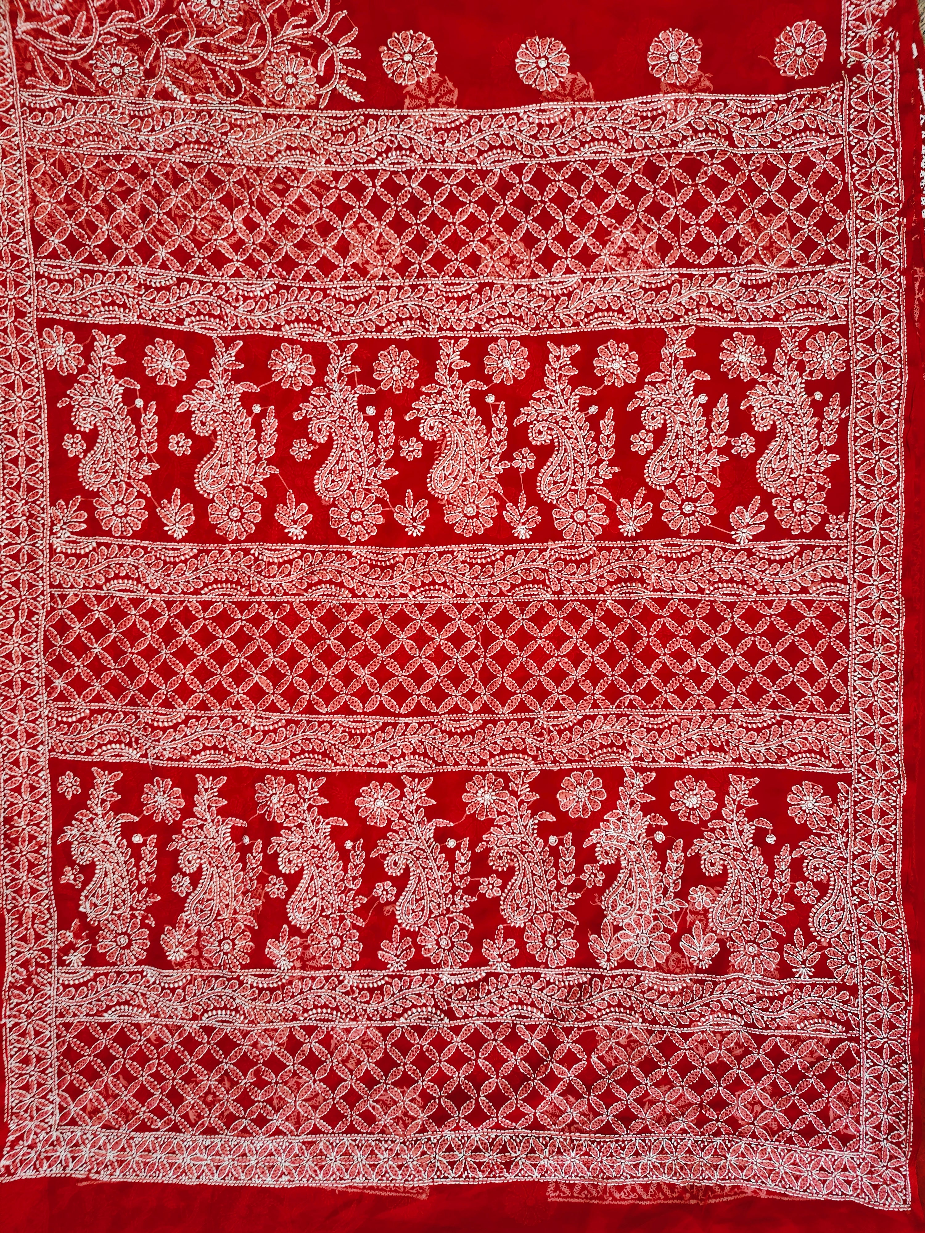 Elegant Red Chiffon Saree with White Thread Motifs – Perfect for Parties & Festivals