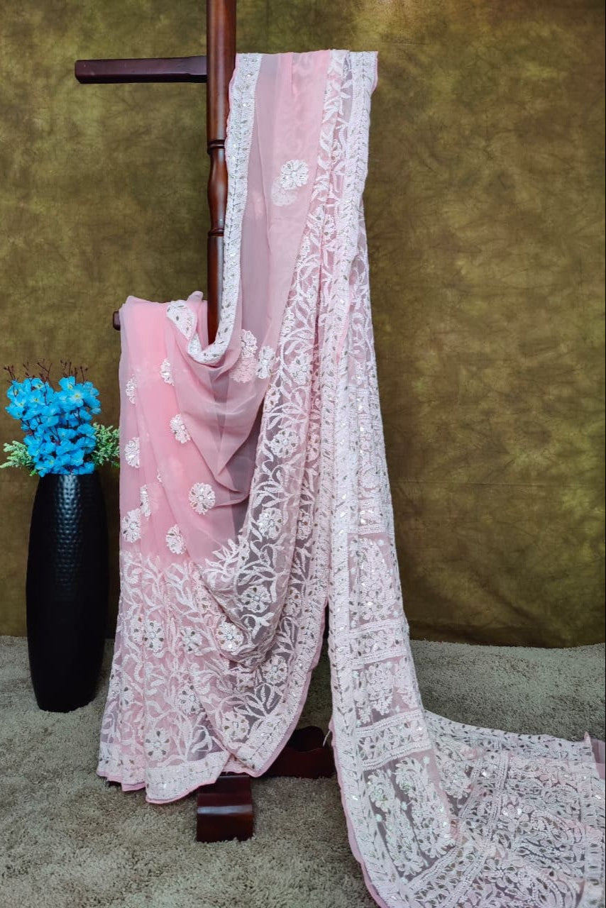 Baby Pink Chiffon Half Jaal Chikankari Saree with Gota-Patti work