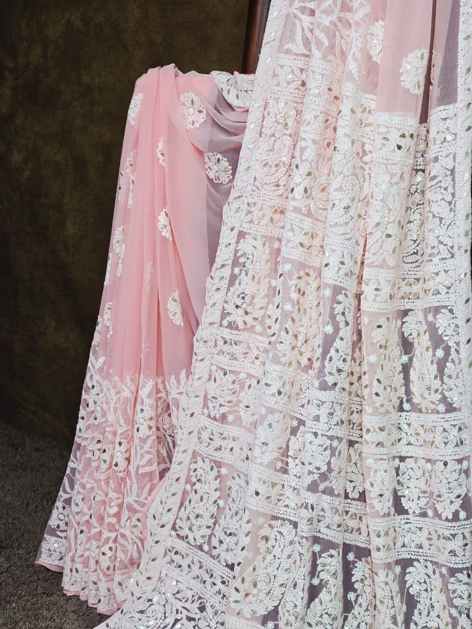 Baby Pink Chikankari Saree- Handwork