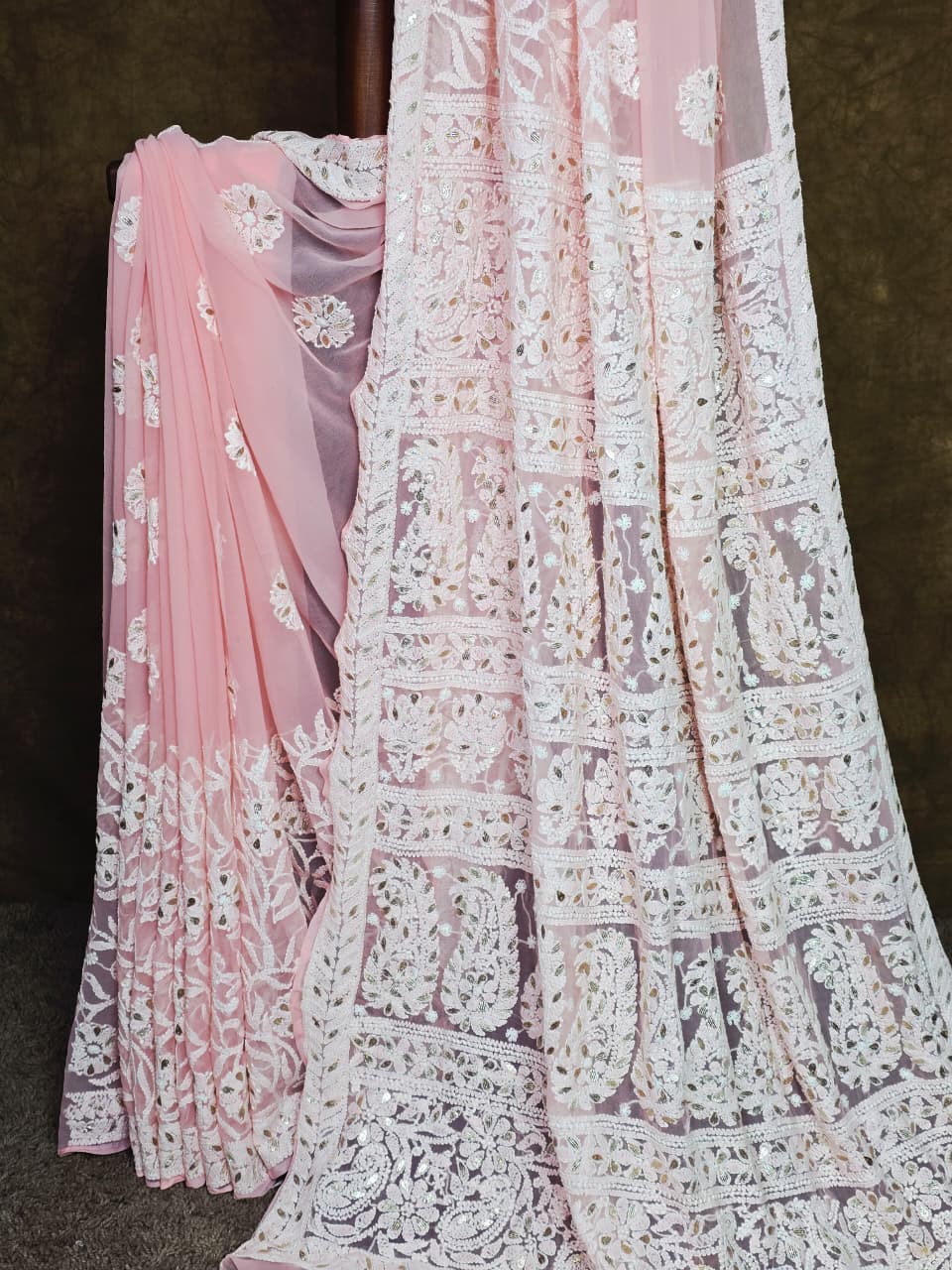 Baby Pink Chikankari Saree - Handcrafted