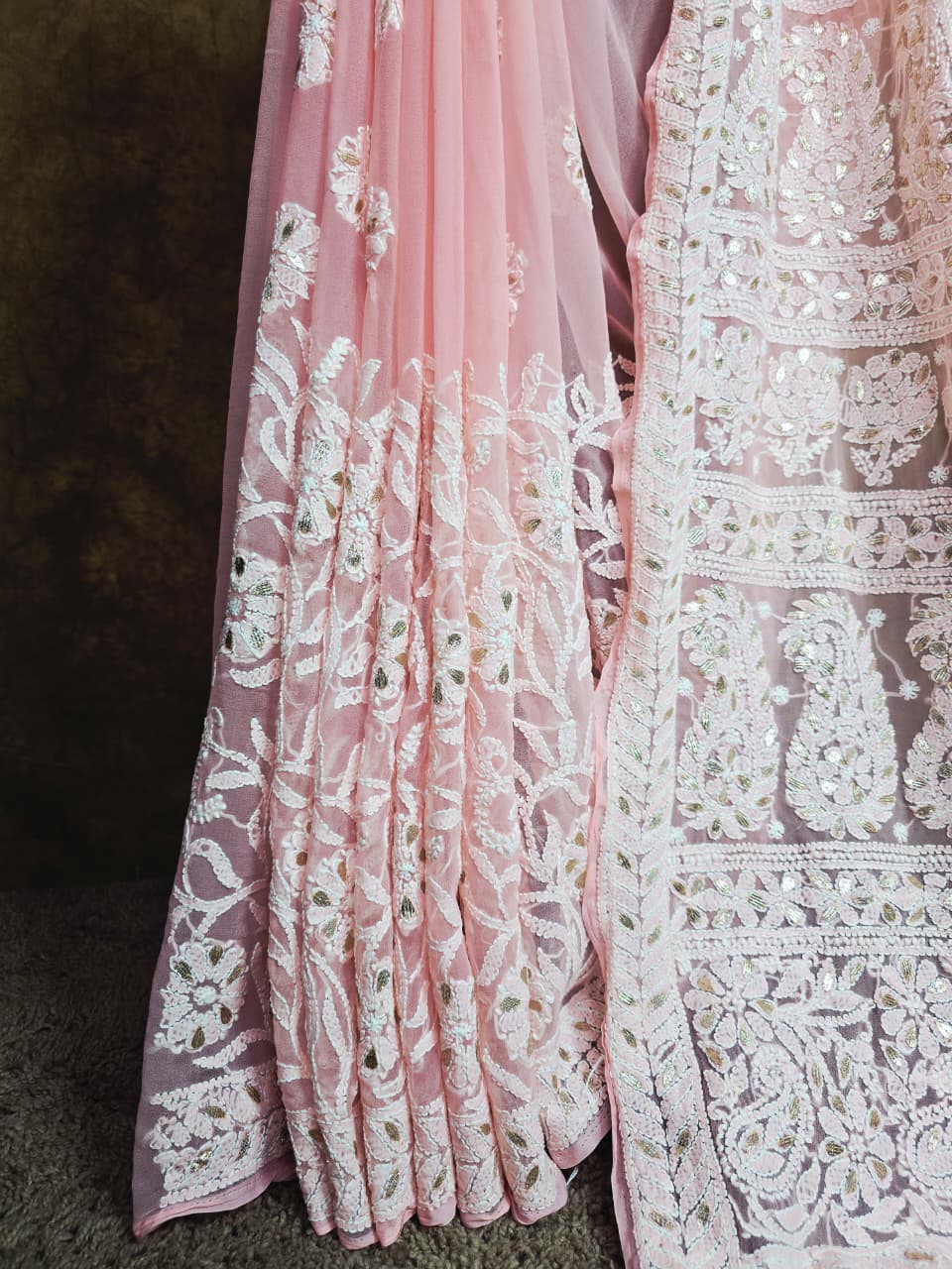 Baby Pink Chikankari Saree - Pleats design