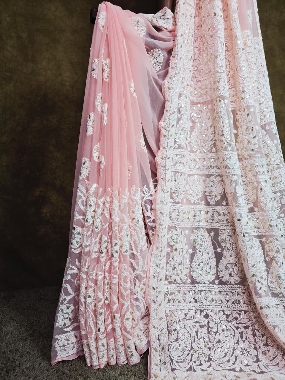 Baby Pink Chikankari Saree Pleats