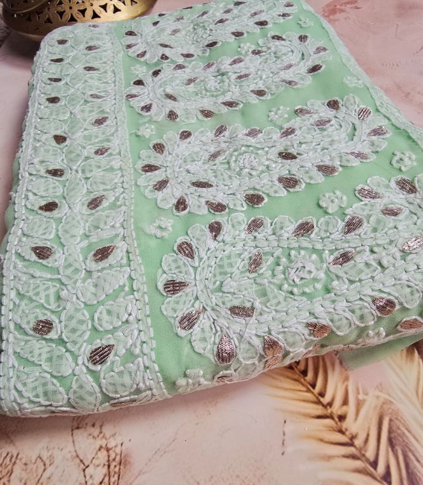 Celadon Green Chiffon Chikankari Saree with Gota Patti