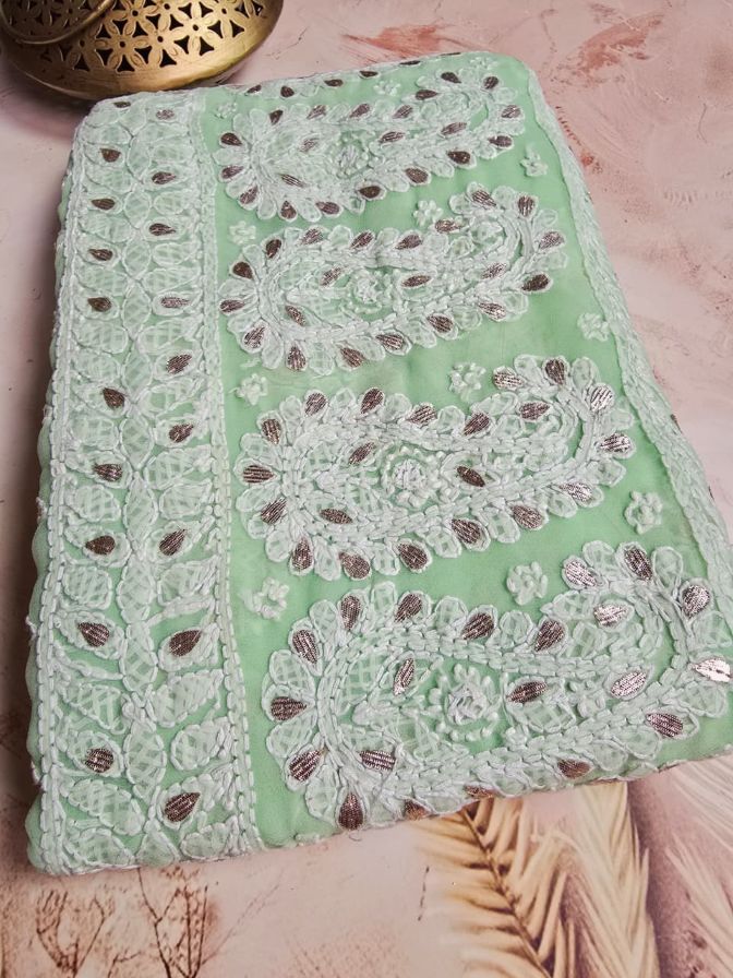 Celadon Green Chiffon Chikankari Saree with Gota Patti