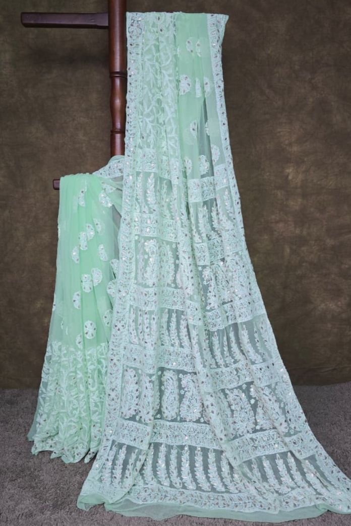 Celadon Green Chiffon Chikankari Saree with Gota Patti