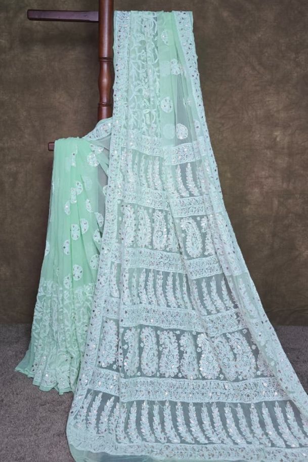 Celadon Green Chiffon Chikankari Saree with Gota Patti
