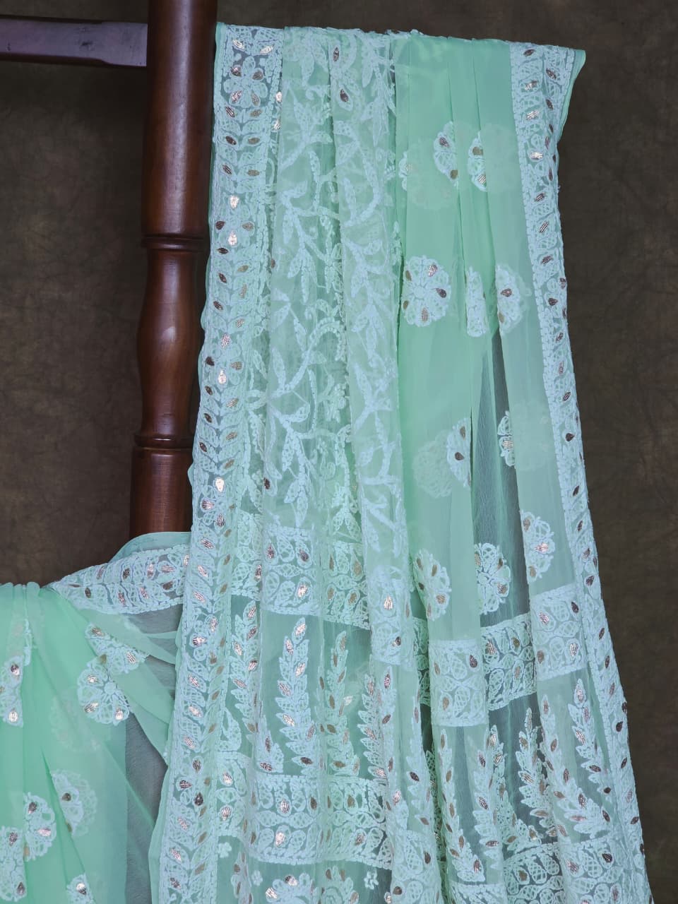 Celadon Green Chiffon Chikankari Saree with Gota Patti