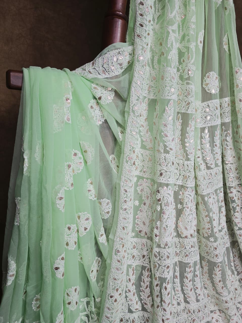 Celadon Green Chiffon Chikankari Saree with Gota Patti