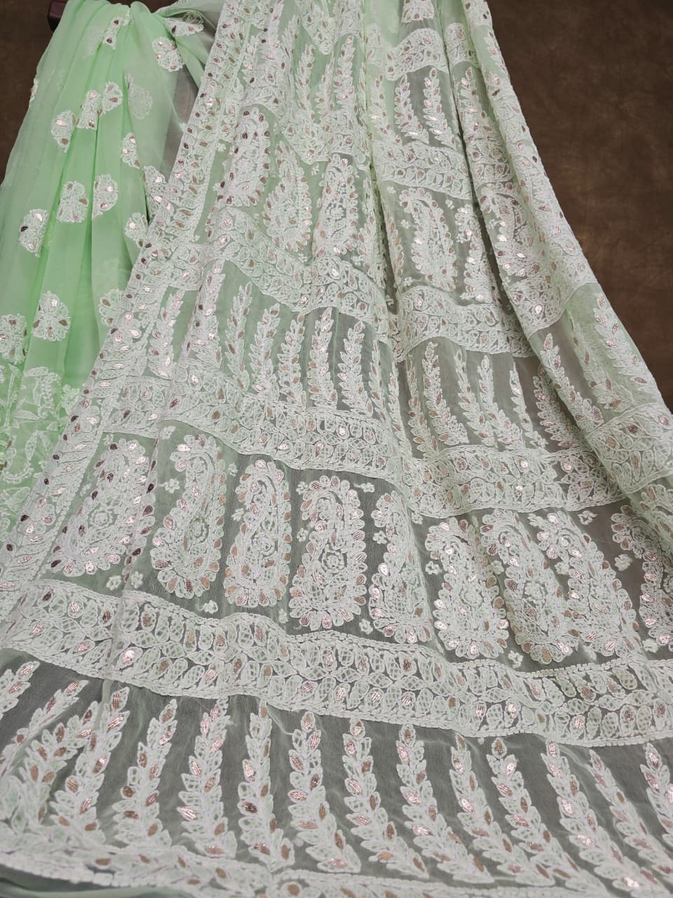 Celadon Green Chiffon Chikankari Saree with Gota Patti