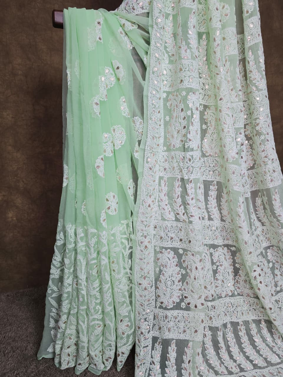 Celadon Green Chiffon Chikankari Saree with Gota Patti